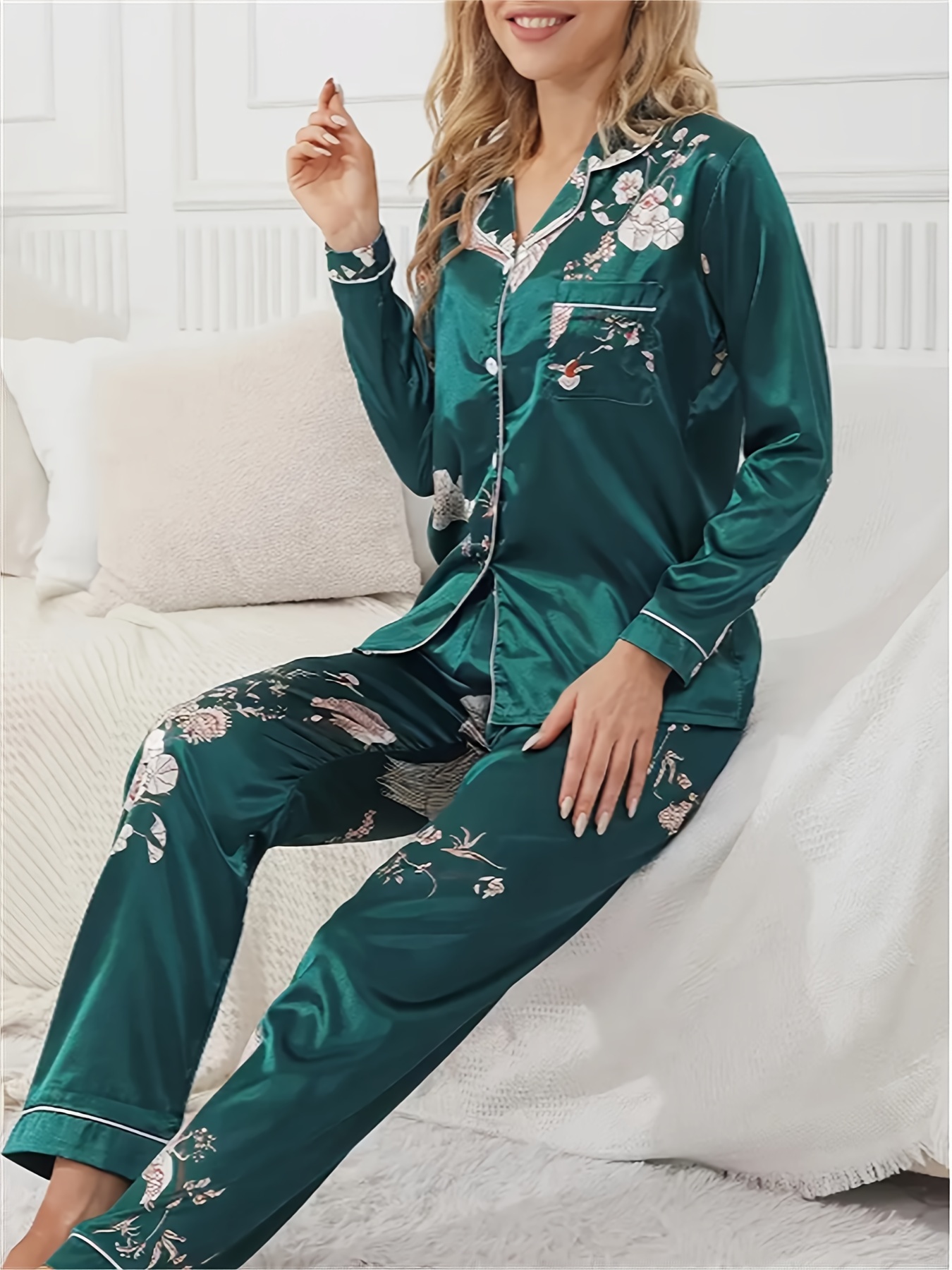 Green Floral Print Satin Pajama Set, Smooth & Comfort Short Sleeve Pocket  Lapel Top & Cozy Long Pants, Women's Loungewear & Sleepwear