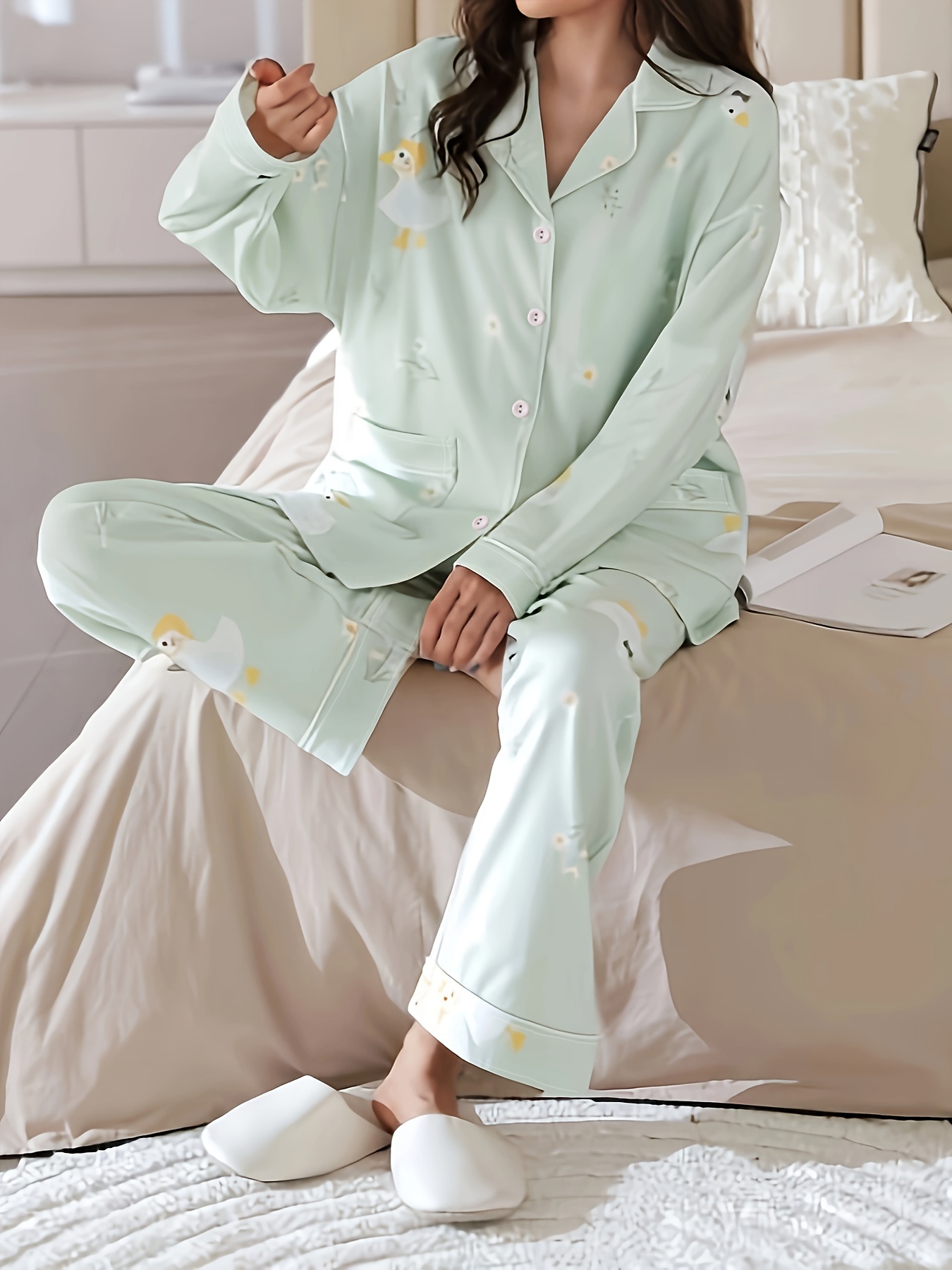 Soft Breathable Modal Pajama Set Lace Contrast Ruffle Hem - Temu