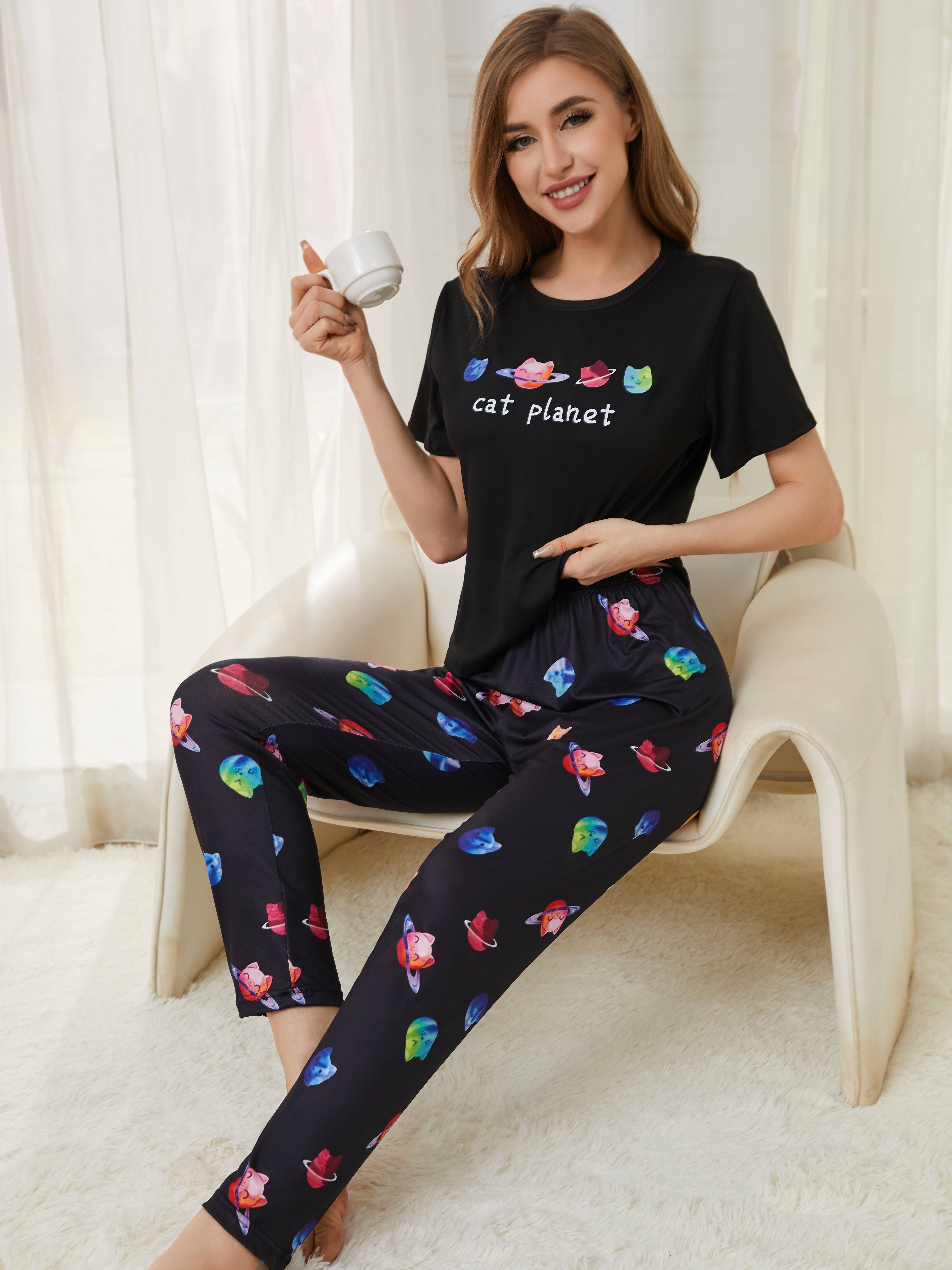 Cute Letters Love Print Pajamas Set Casual Short Sleeve Top - Temu United  Kingdom