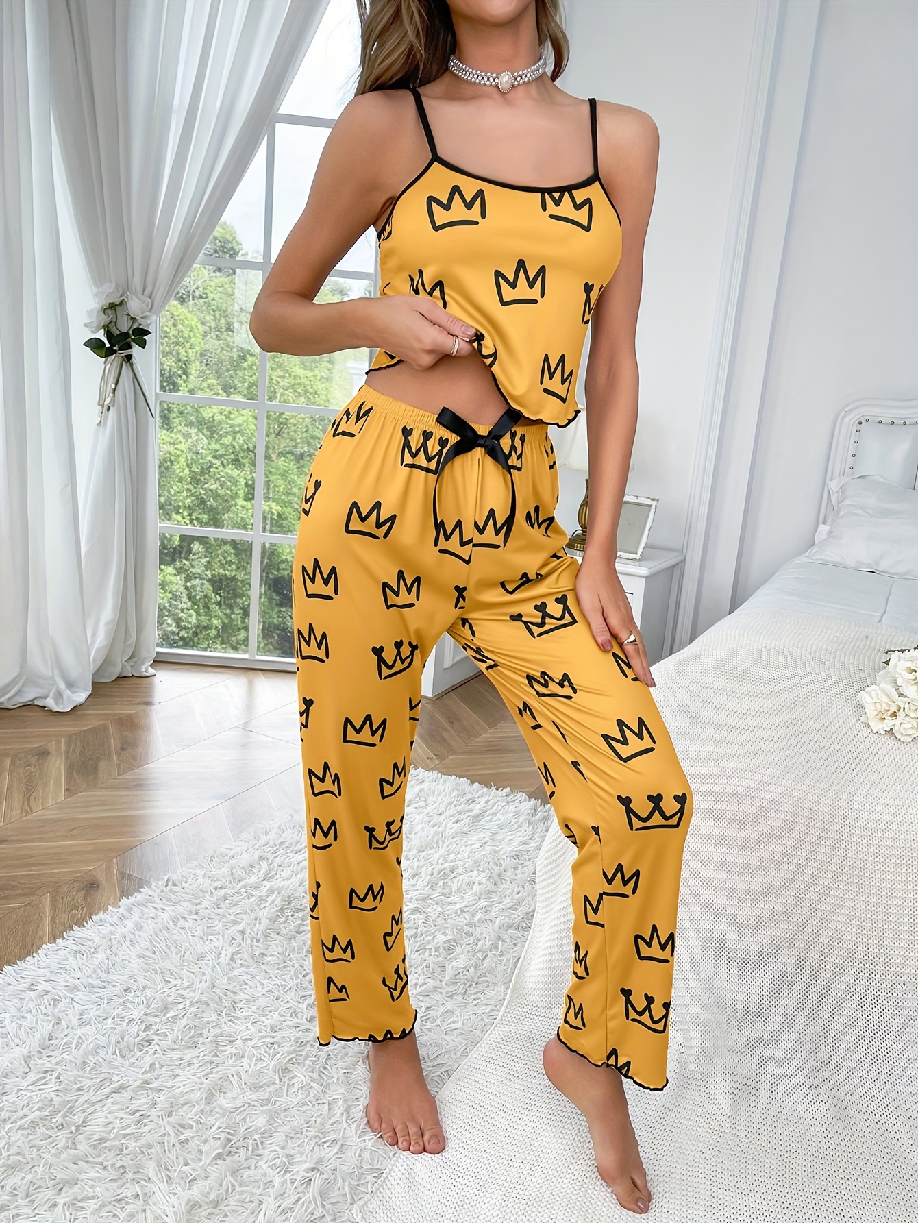 Summer Cute Crown Print Pajamas Short Sleeve Tee Top Pants - Temu