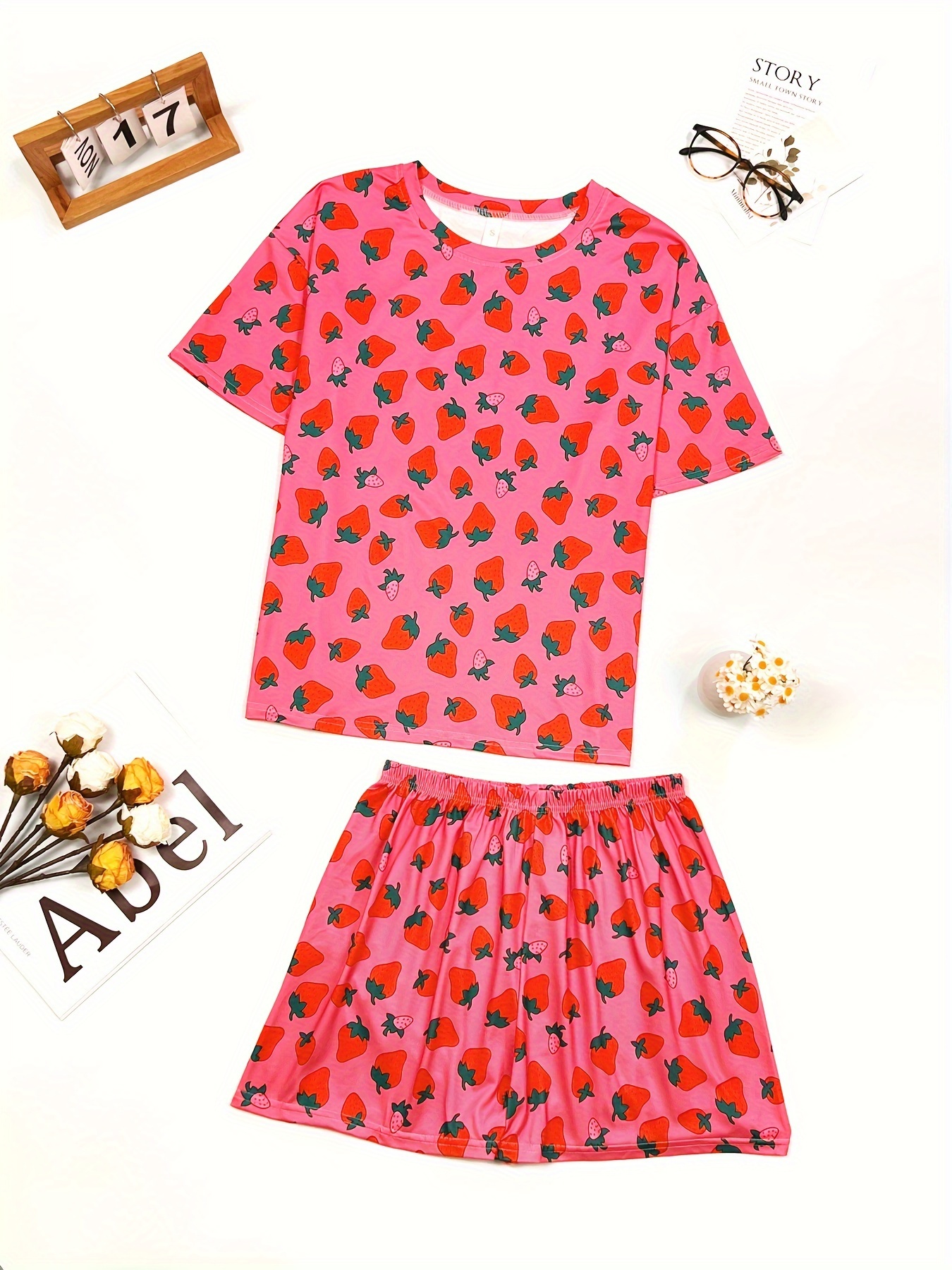 Fig Print Pajamas Set Short Sleeve Buttons Top Shorts - Temu Canada