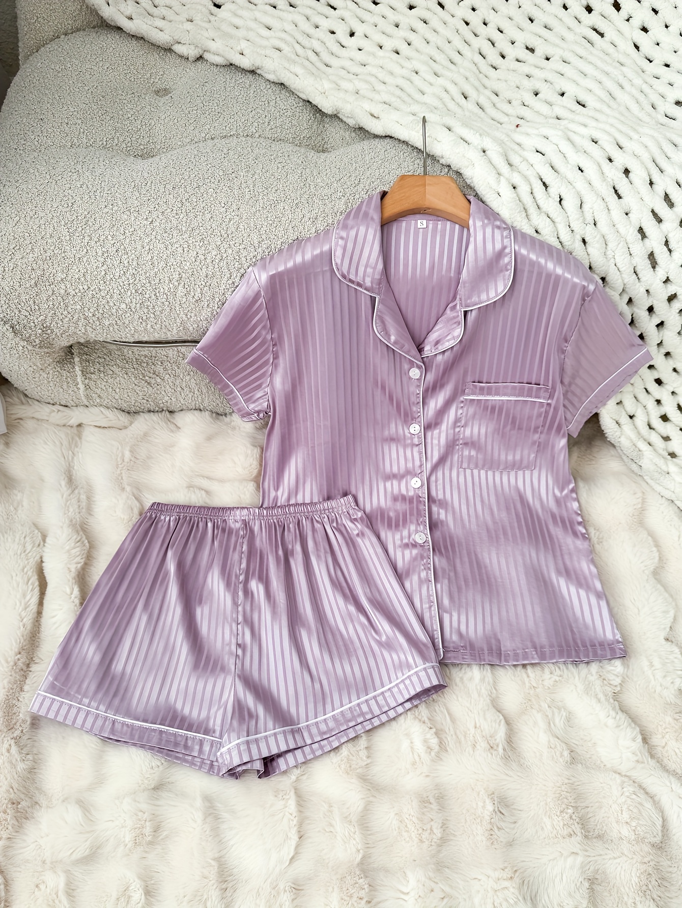 Plus Size Cute Pajama Set, Women's Plus Peach & Stripe Print Short Sleeve  Top & Pants Pajamas Two Piece Set