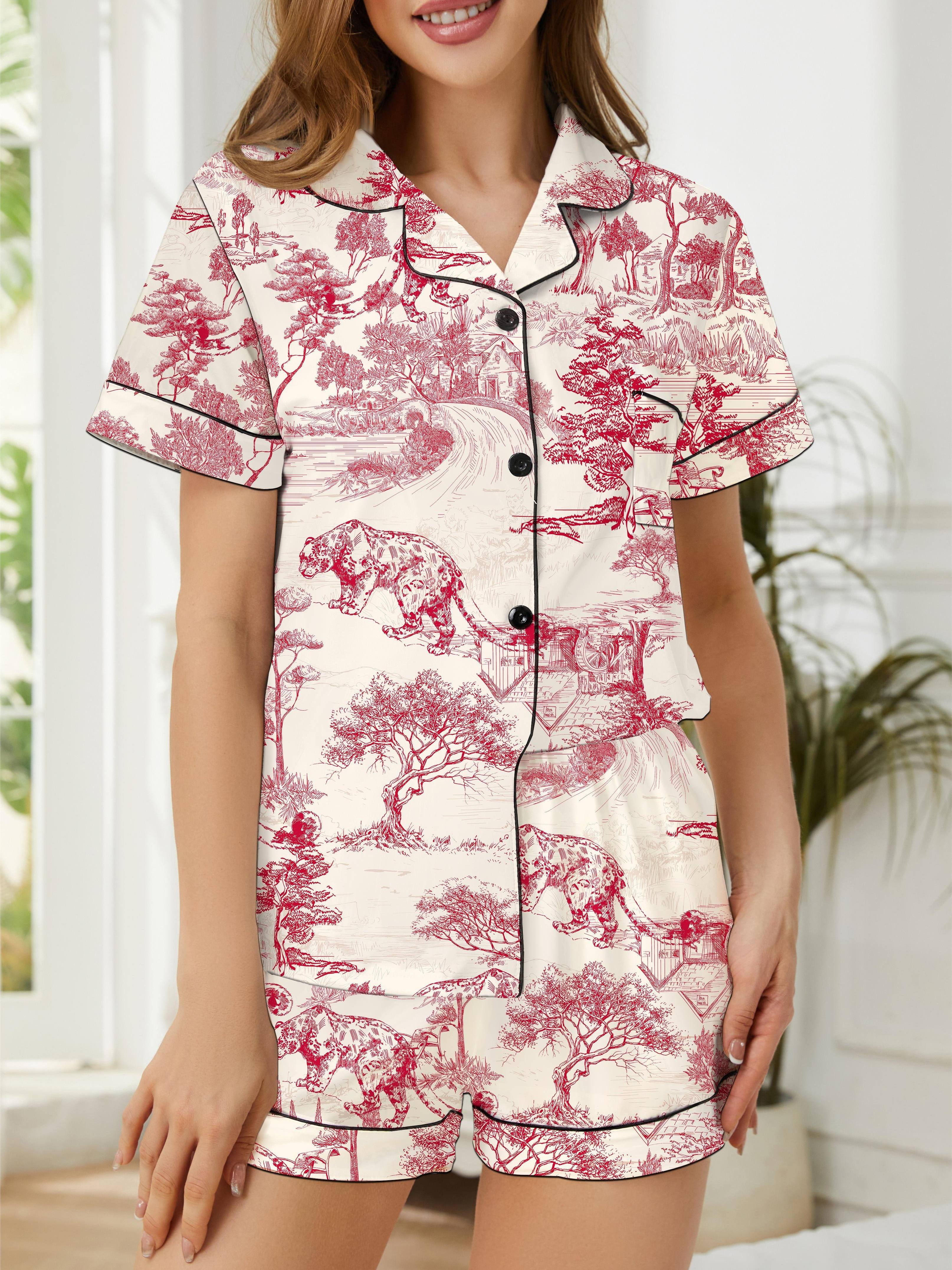 Fig Print Pajamas Set, Short Sleeve Buttons Top & Shorts, Women's Sleepwear  & Loungewear