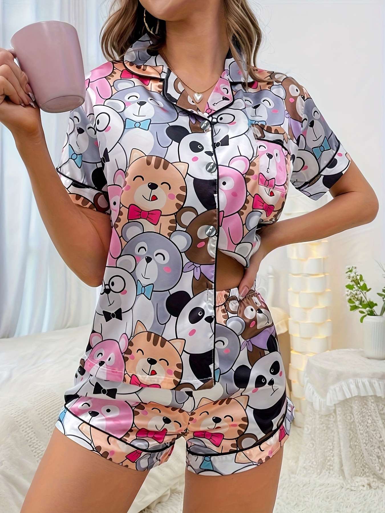 Conjuntos de pijama de seda de imitación para mujer, ropa de dormir Sexy  con solapa de poliéster, de lujo, para el hogar, 3 piezas, Primavera