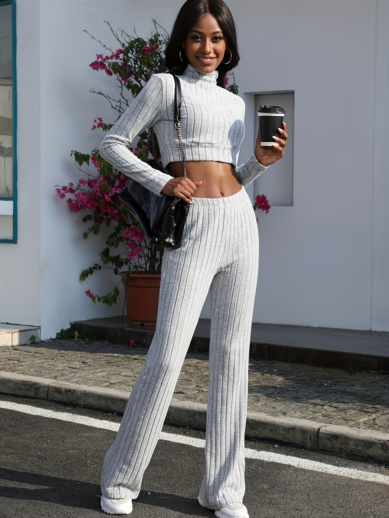 Solid Ribbed Two-piece Set, Funnel Neck Long Sleeve Tops & High Waist  Flared Leg Pants Outfits, Women's Clothing