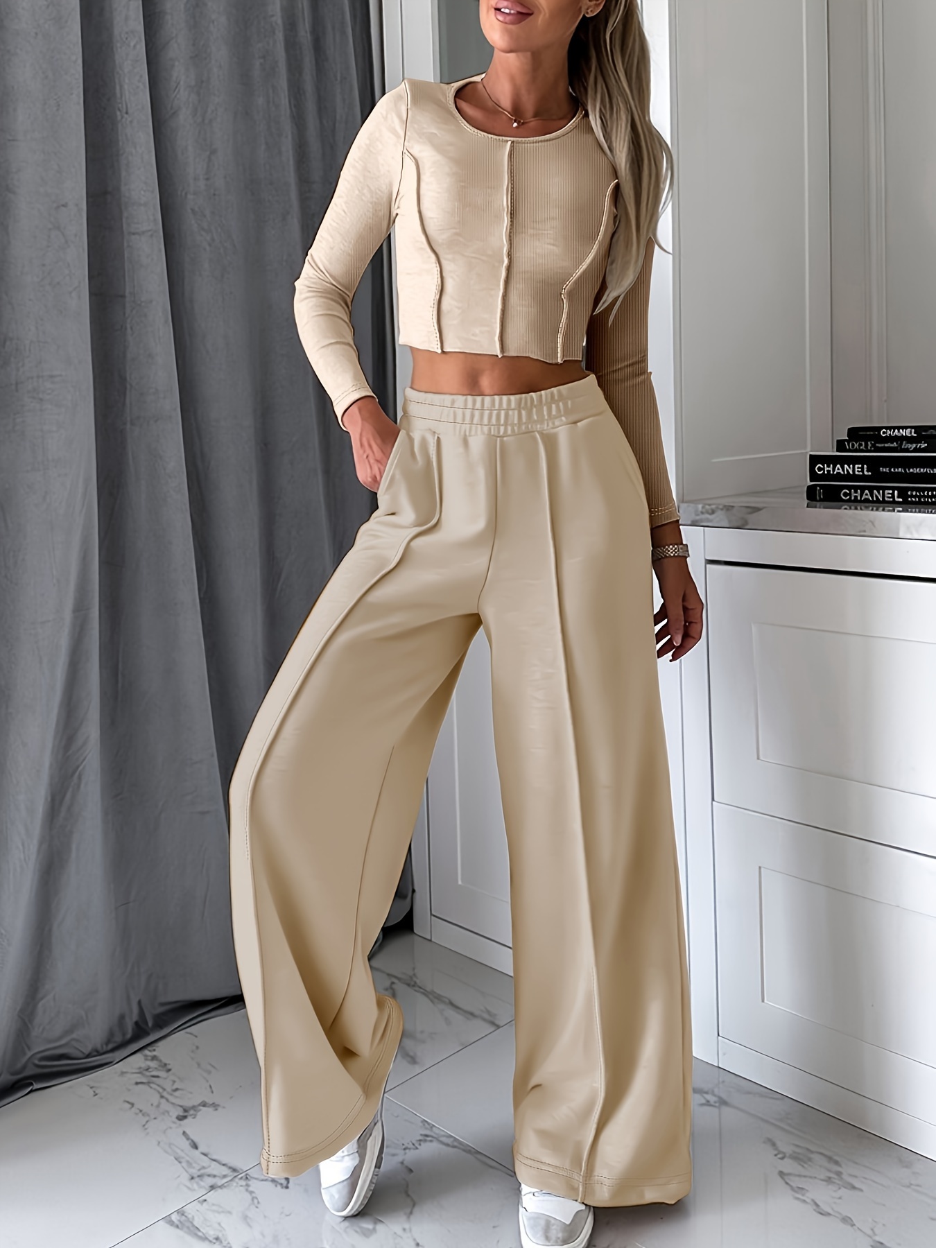 Casual Solid Two-piece Set, Short Sleeve Simple Top & Tie Waist Pants  Outfits, Women's Clothing