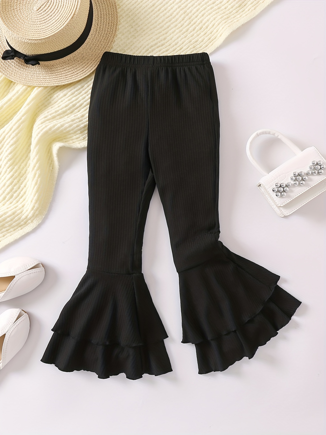 Girls (1 10y) Cute Ruffle Bell bottom Solid Legging Trousers