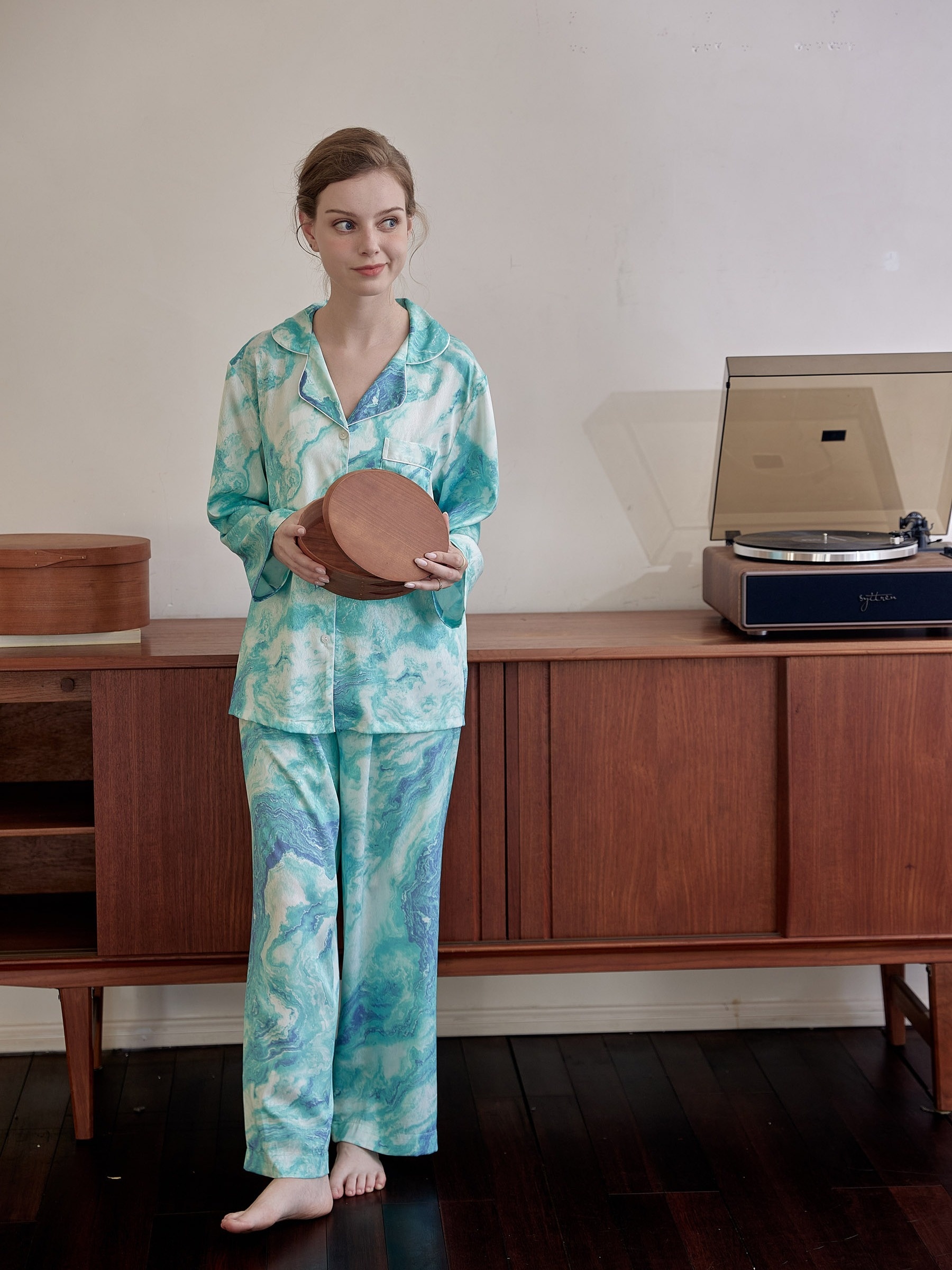 Feather Trim Satin Pajama Set, Long Sleeve Robe With Belt & Elastic  Waistband Pants, Women's Sleepwear & Loungewear