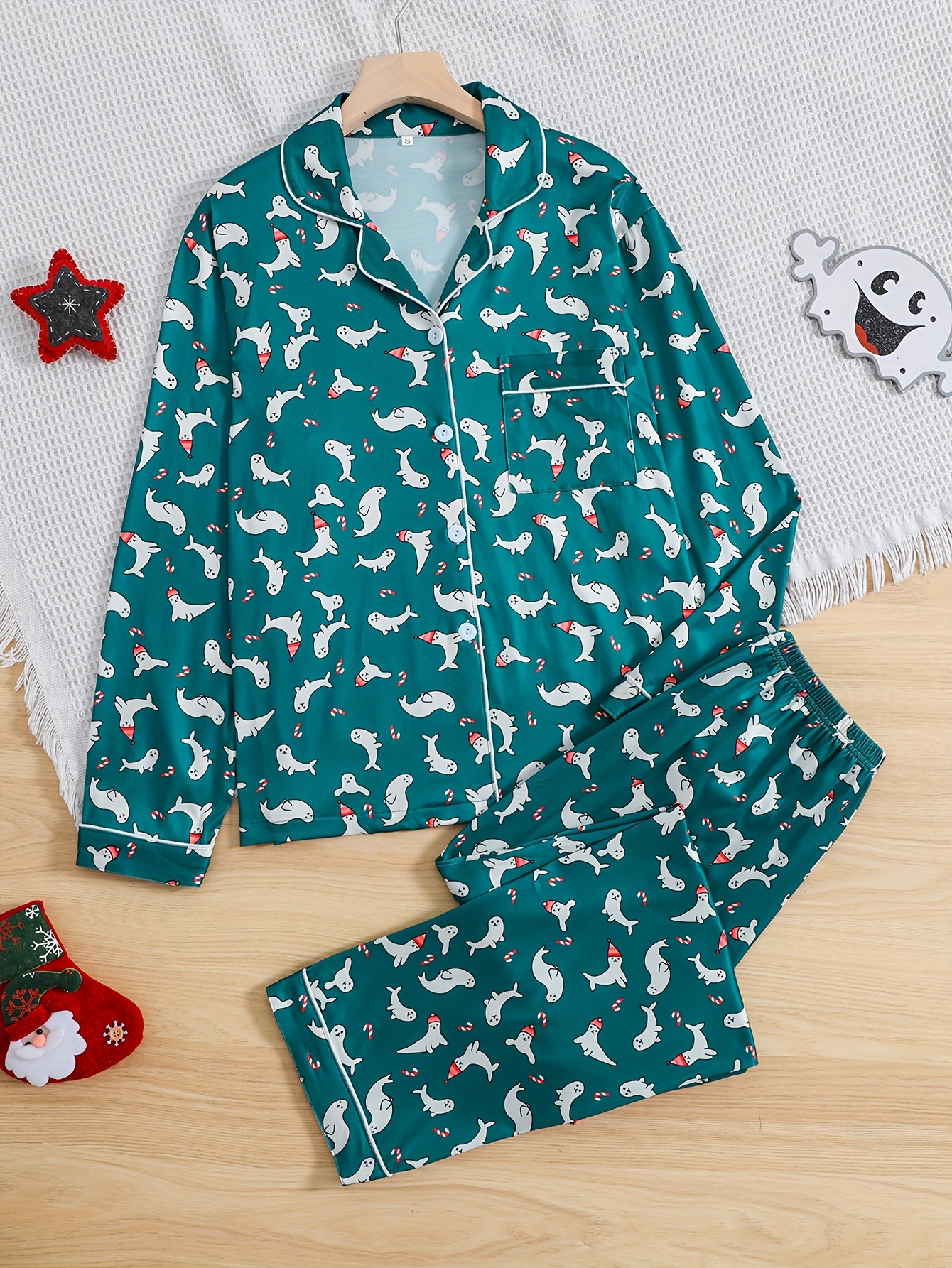 Christmas Snowman Print Pajama Set, Long Sleeve Buttons Top & Elastic  Waistband Pants, Women's Sleepwear & Loungewear