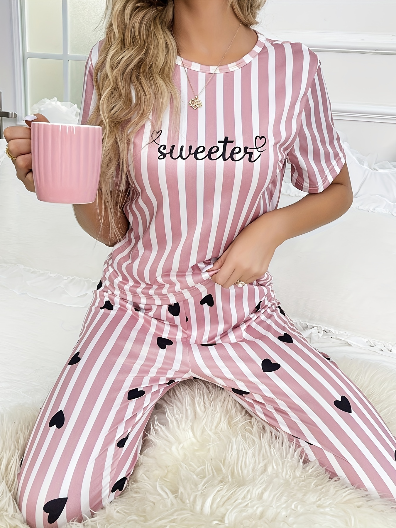 Solid Satin Pajama Set, Crew Neck Short Sleeve Top & Lounge Pants, Women's  Sleepwear & Loungewear - Temu