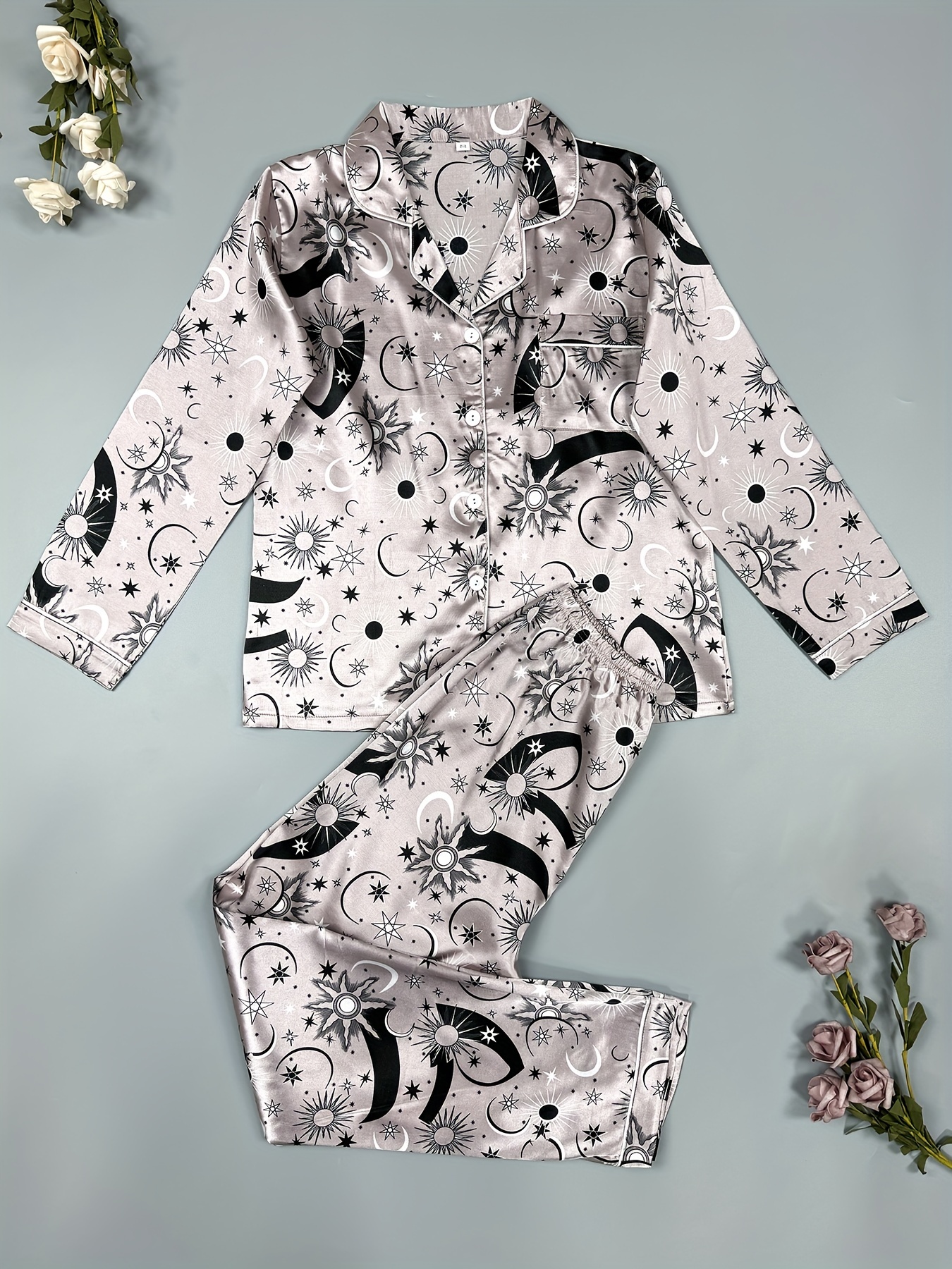 Soft Satin Space Pajamas Set, Lightweight Button Up Blouse Pajama Top &  Elastic Waistband Pajama Pants, Women's Loungewear & Sleepwear