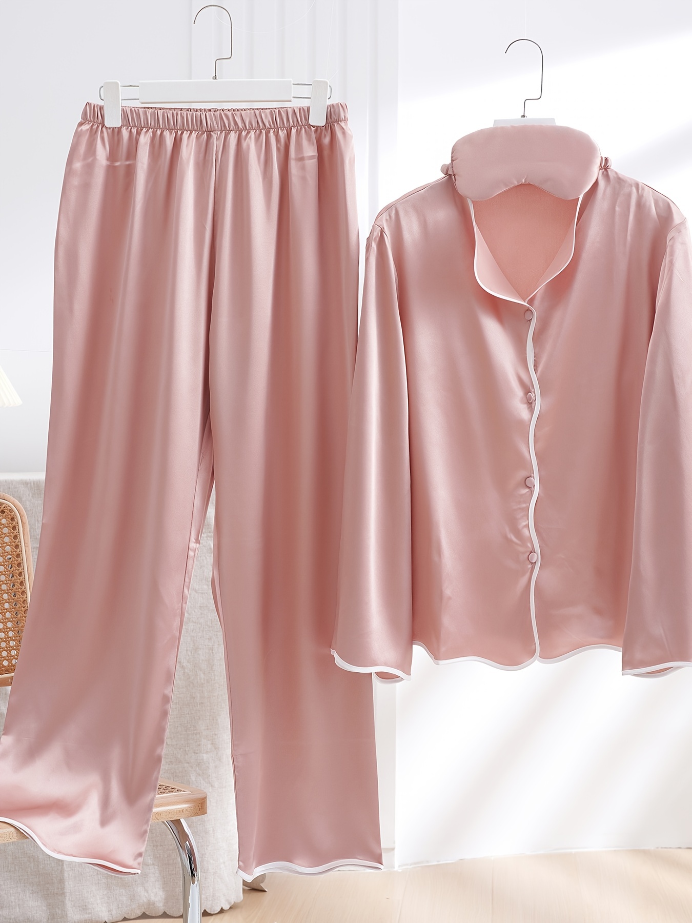 Feather Trim Satin Pajama Set, Long Sleeve Robe With Belt & Elastic  Waistband Pants, Women's Sleepwear & Loungewear