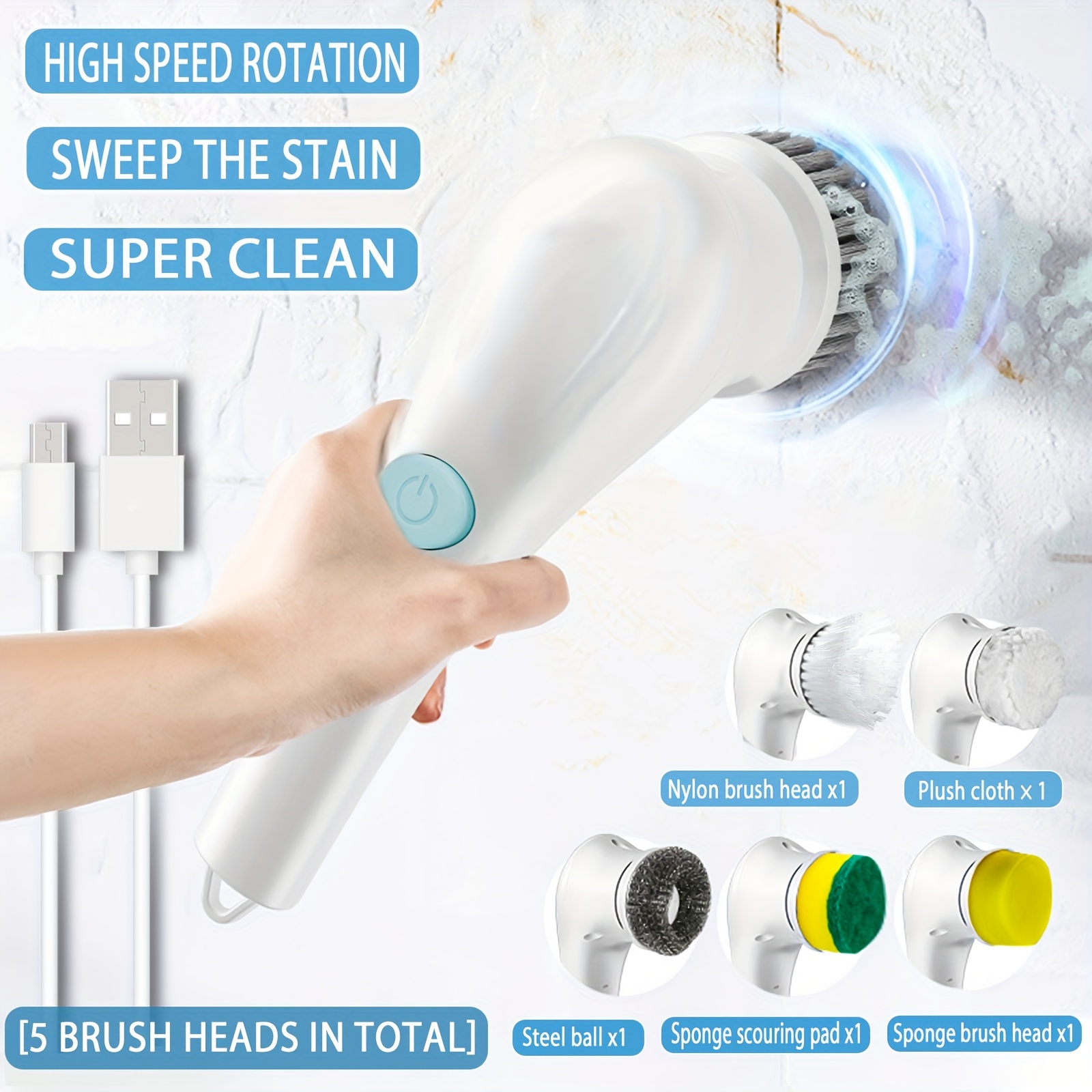Brosse de nettoyage électrique, laveur d'essorage avec 3 têtes de nettoyage  remplaçables, 2 vitesses réglables, laveur sans fil parfait pour nettoyer  les salles de bains, Showe