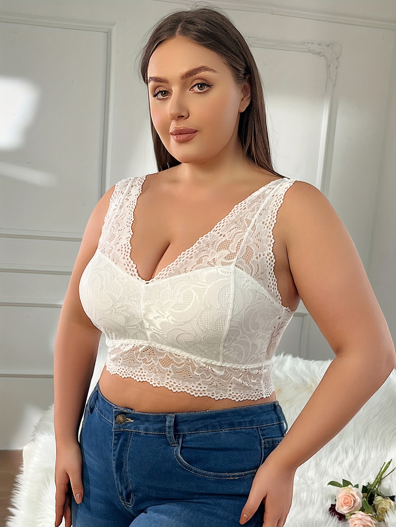 Plus Size Naughty Bra Women's Plus Solid Contrast Lace Full - Temu