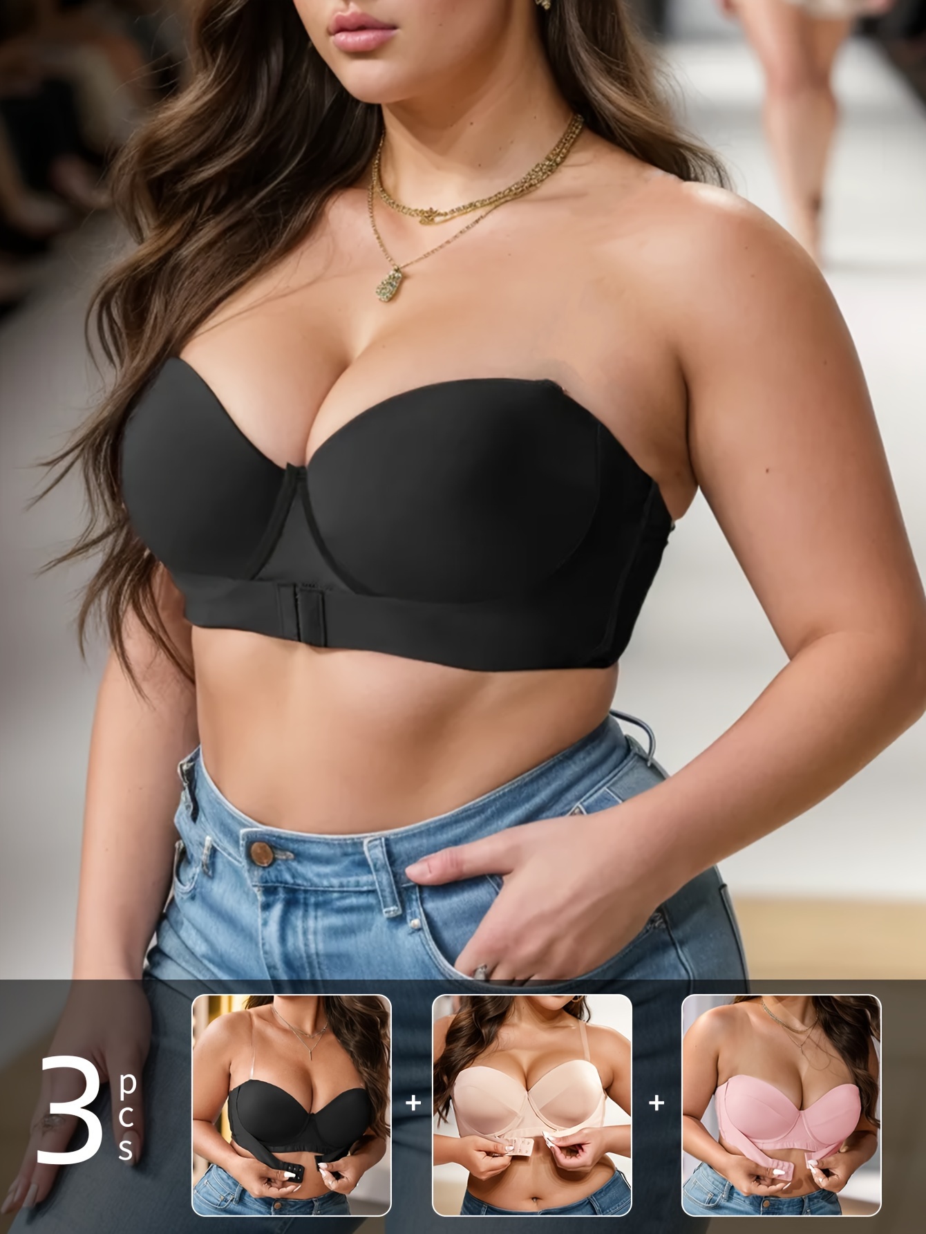 Strapless Bras For Women Plus Size Strapless Size Plus Removable Padded Top  Stretchy Strapless Double Bandeau Soft Lette Underwear Wire Navy Wireless