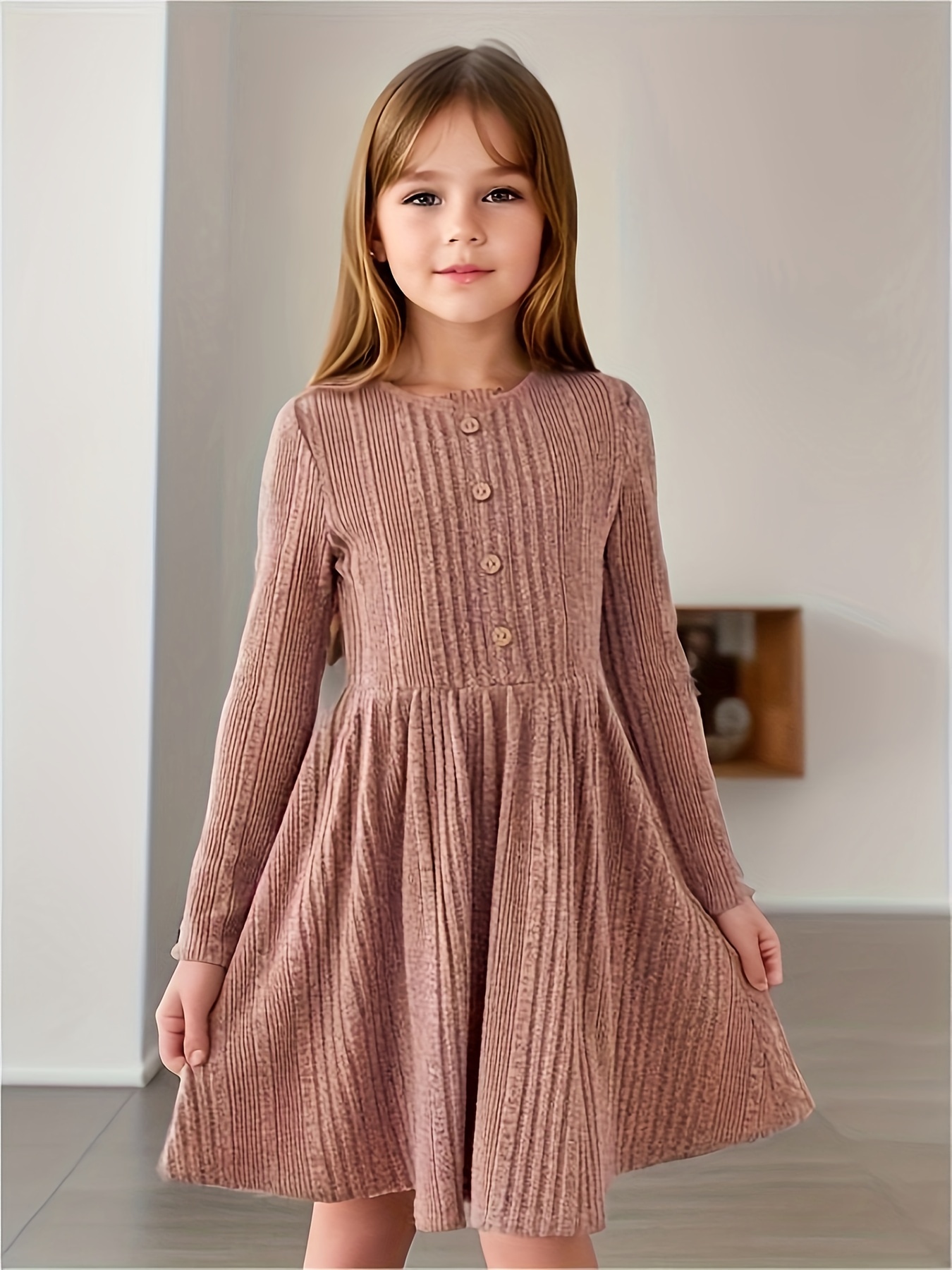 Vestidos para niñas de 5 a 12 años, vestido de manga larga para niños,  vestido casual con cuello en V, cinturón, suelto, ropa de moda para