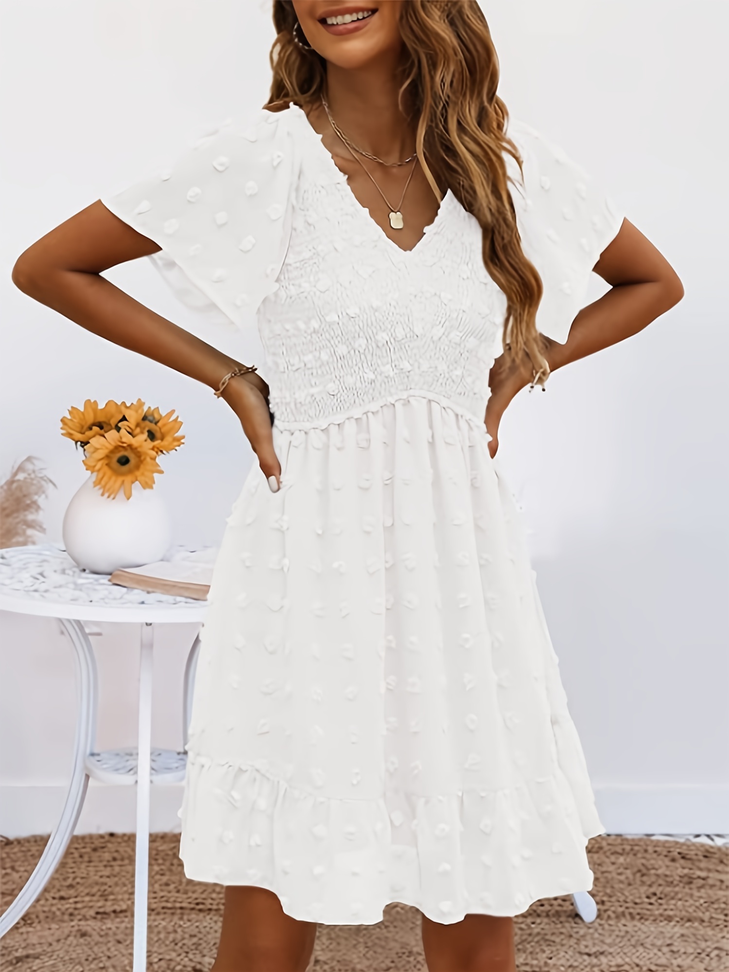 Dresses for Women Women's Dress Swiss Dot Contrast Guipure Lace Tie Back  Butterfly Sleeve Ruffle Hem Dress Dresses (Color : White, Size : Large) :  : Everything Else