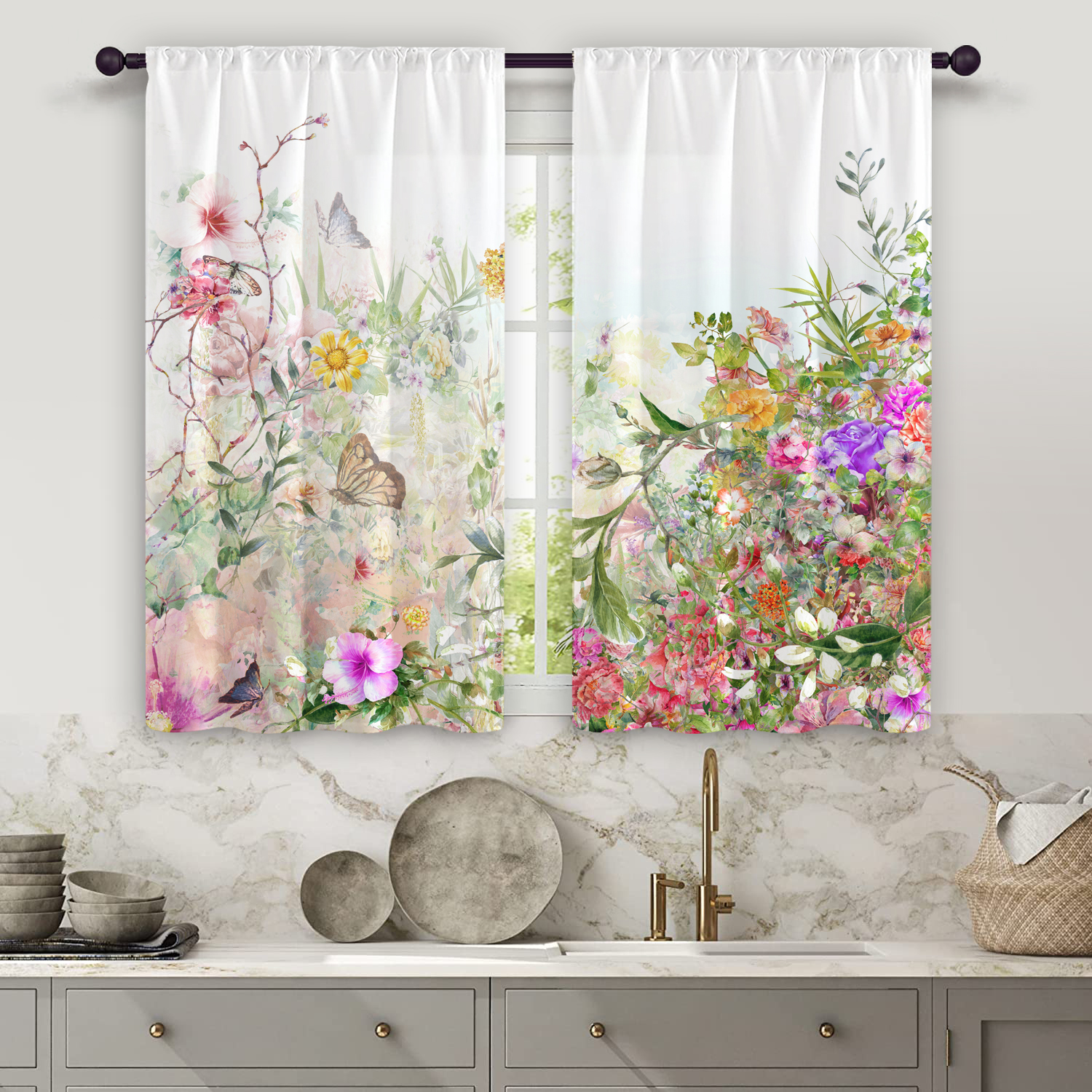 CutebriCase Cortina de ducha con flores, colibrí para baño con ganchos,  juego de cortinas de ducha de tela de poliéster, lavable a máquina