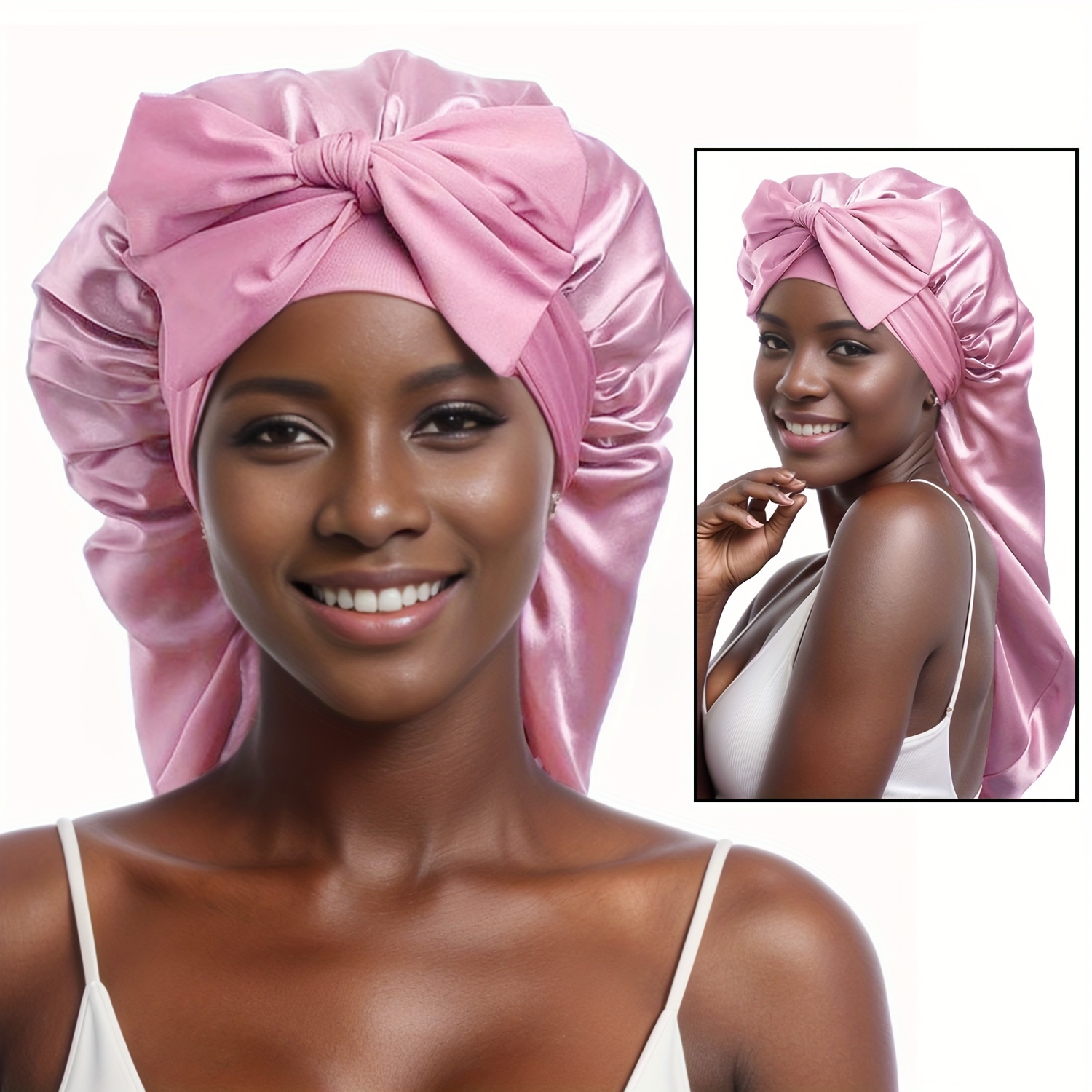 Gorro de satén de seda para el cabello para dormir, gorros grandes con  banda de amarre, envoltura para el cabello con correas ajustables, gorro de