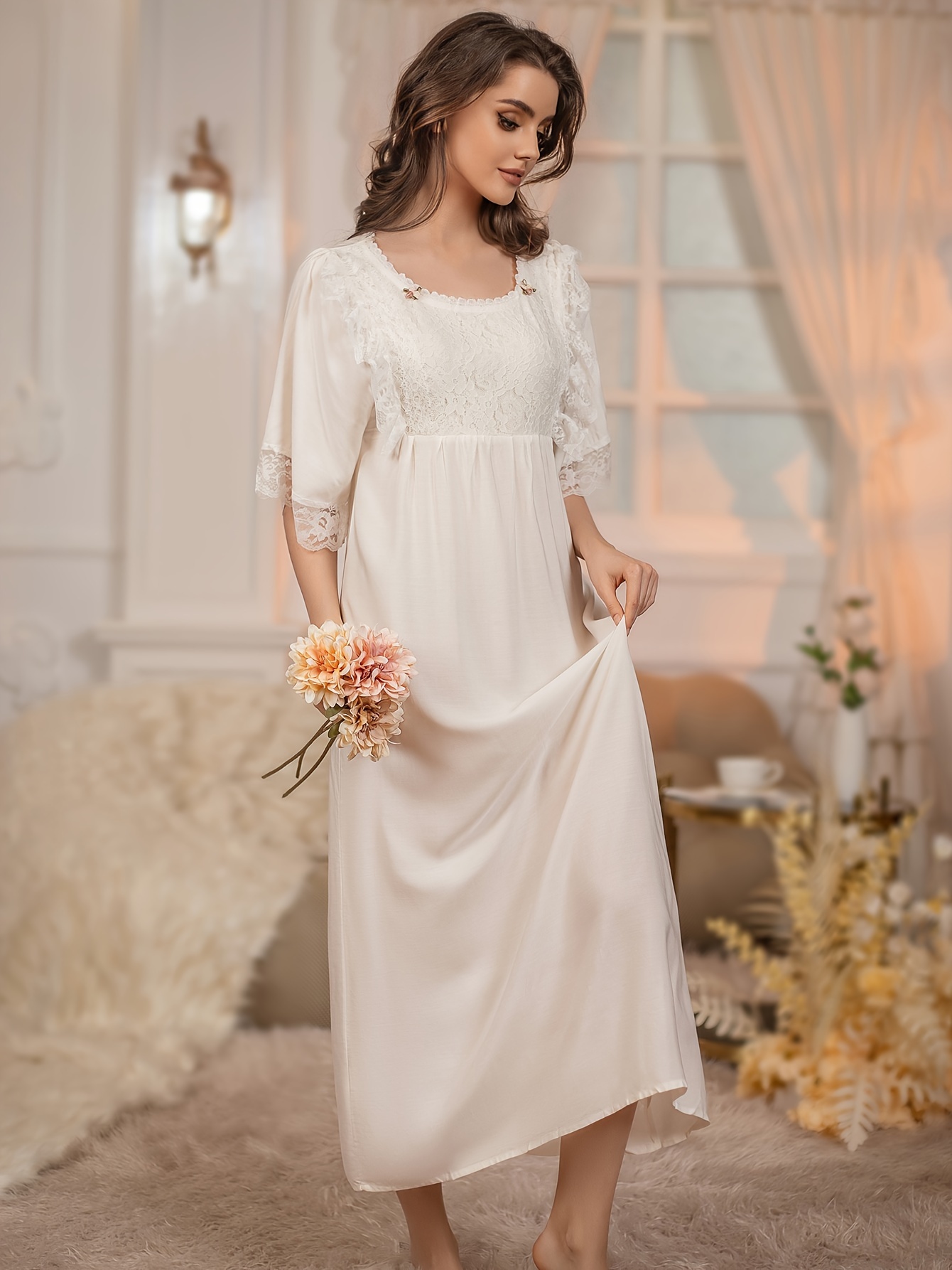 Contrast Lace Nightdress, Elegant V Neck Long Sleeve Princess Sleep Dress,  Women's Sleepwear & Dresses