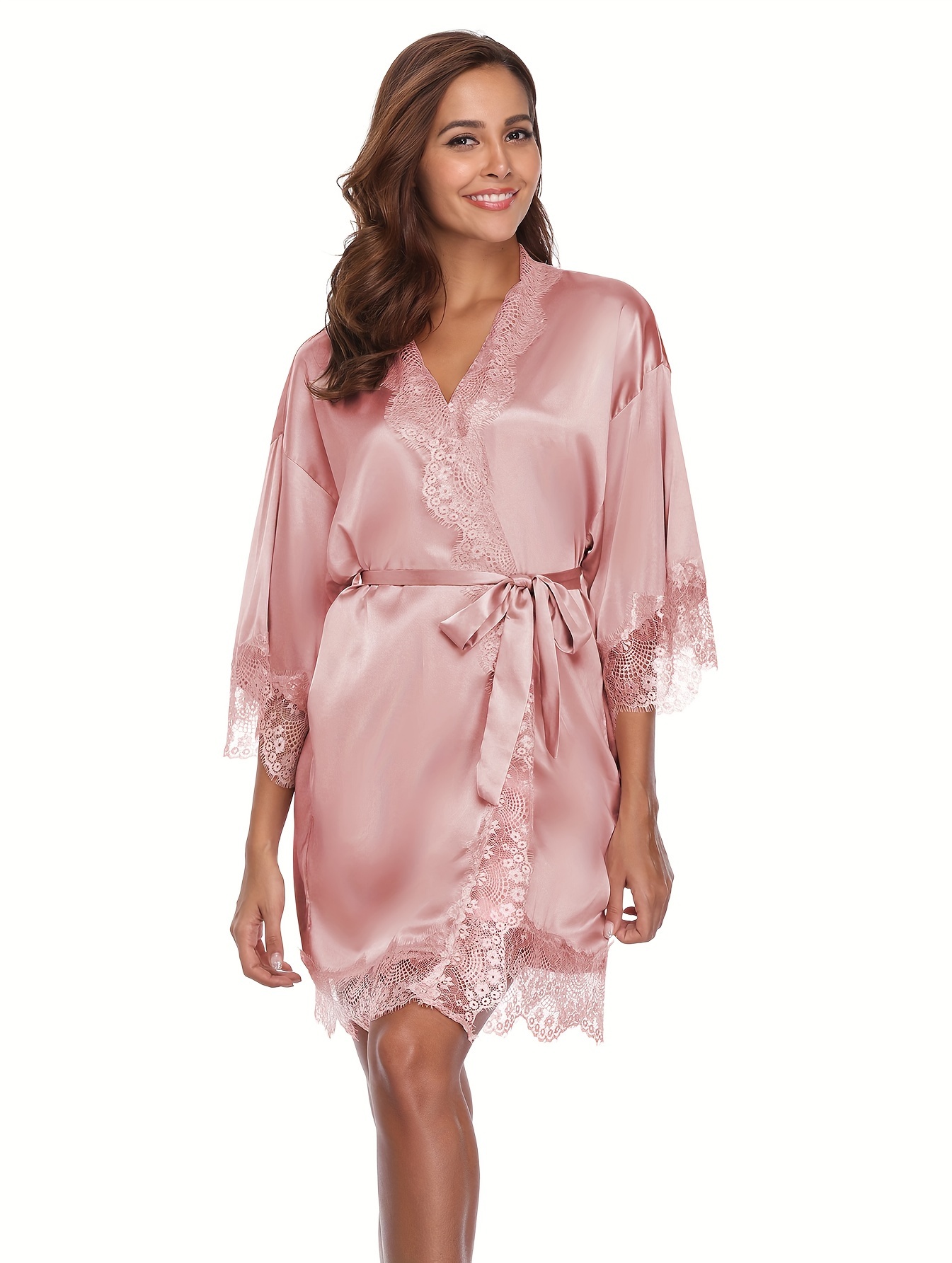 Satin Solid Night Robe, Elegant Short Sleeve Robe With Belt, Women's  Sleepwear