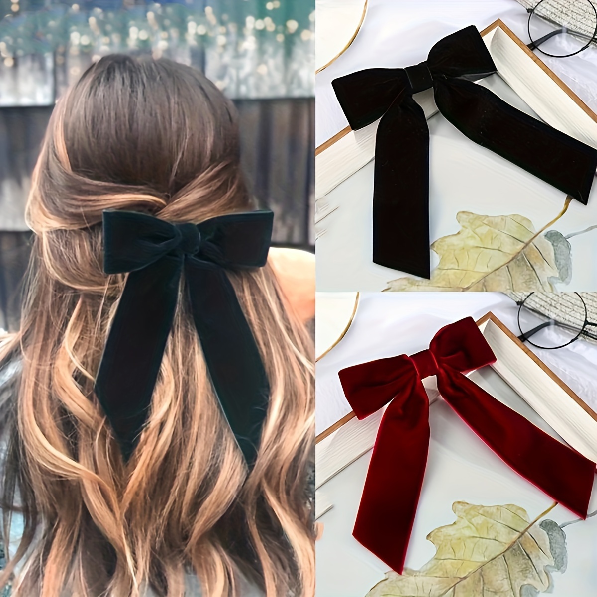 8Pcs Big Satin Layered Hair Bows for Women Girls 8 Inch Barrette Hair Clip  Long Black Ribbon Bows French Style Hair Accessories (Big bow style)