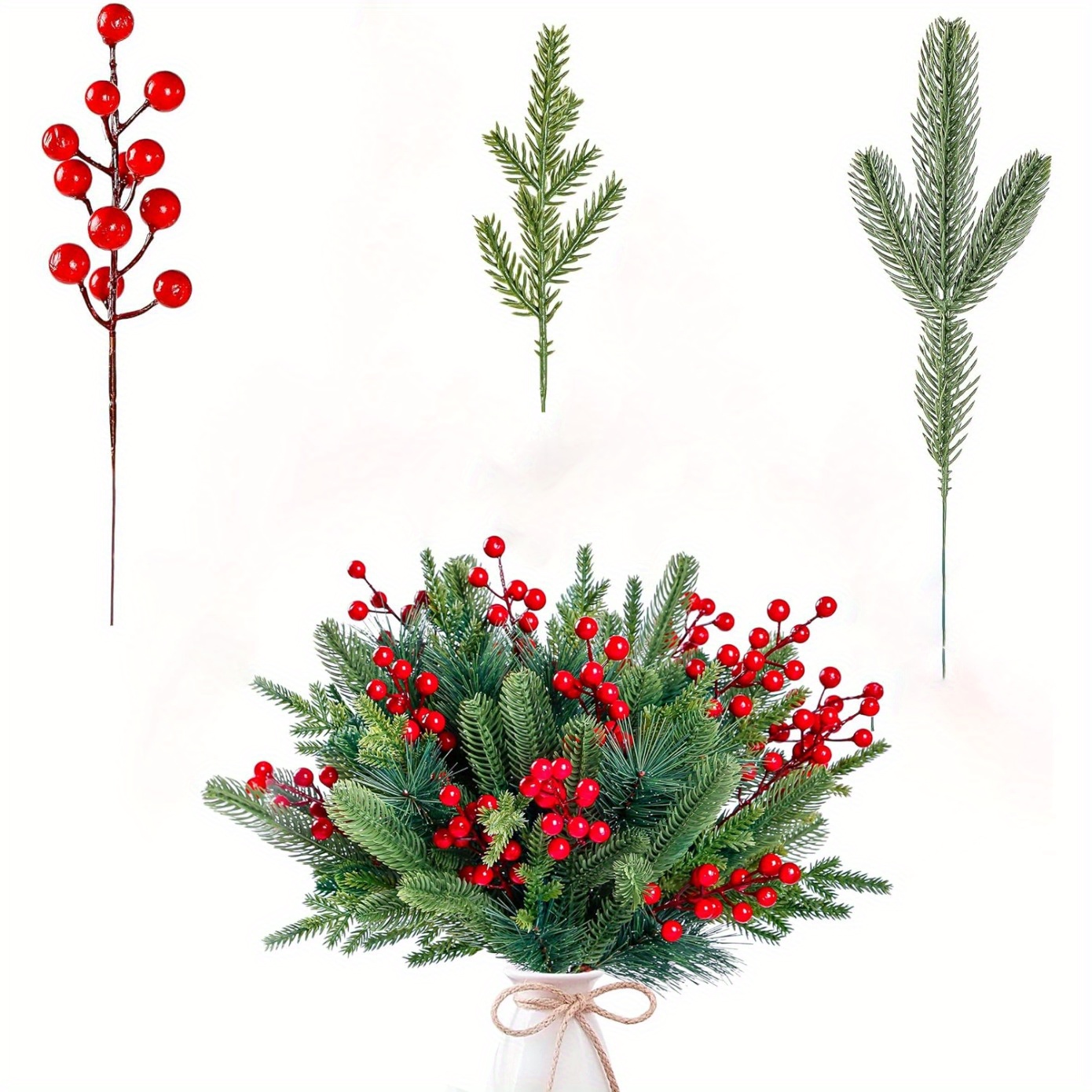 10PCS 9inch Christmas Floral Pine Cones, White Red Berry Stems, Artificial  Pine Branches with Snowflakes Flocked Floral Picks for Crafts DIY Holiday