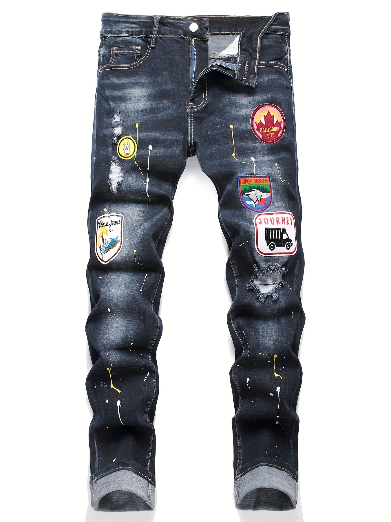 New Men's Stylish Jeans Bear Graphic Stretch Graffiti Print Jeans - Temu