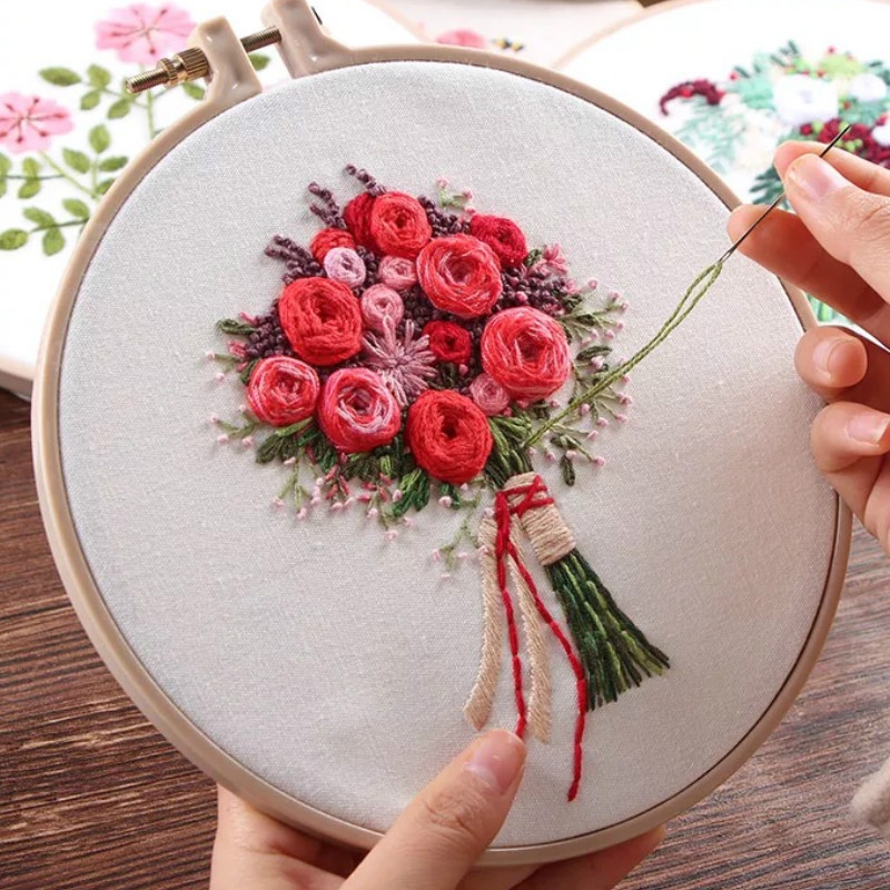 Full Range of Embroidery Starter Kits, Floral Handmade Needlepoint Kits with Pattern for DIY Beginners Adults Kids, Valentine's, Size: 20 cm