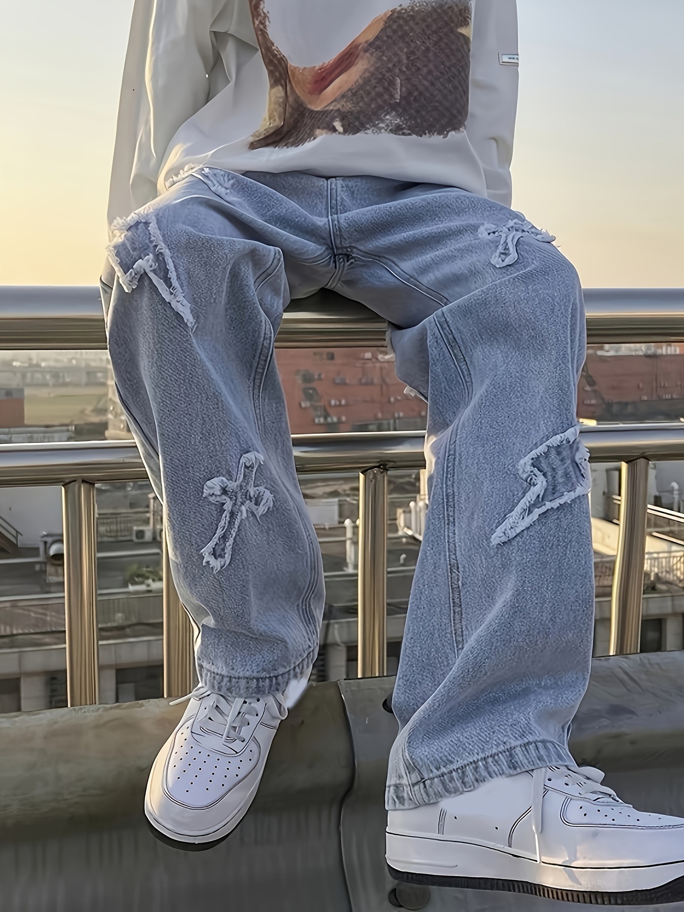 Y2K Baggy Dove Letter Print Jeans, Pantalon En Denim Légèrement Extensible  De Couleur Unie Pour Homme, Style Décontracté De Rue, Pour Le Printemps Et