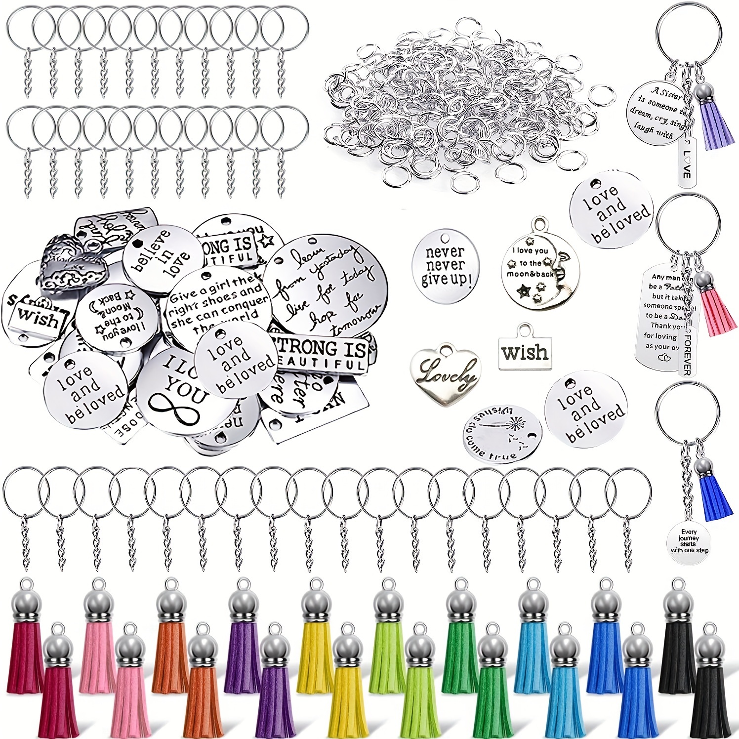 80 Pcs Beadable Keychain Bars, DIY Keychain Making Kit, Resealable Pouch Bag and Thank You Cards Set, Tassels, Diverse Colors, Keychain Supplies for