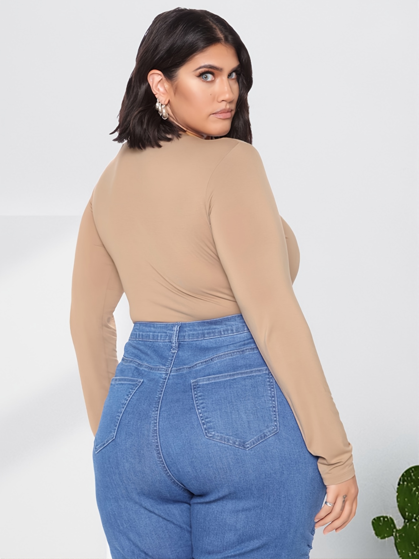 Plus Size Solid Basic Long Sleeve Medium Stretch Round Neck - Temu