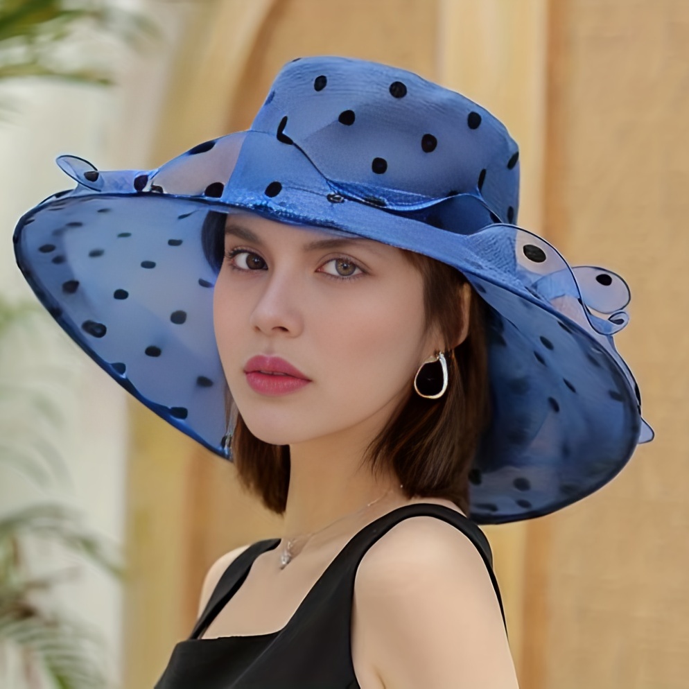 Polka Dot Organza Bucket Hat Wide Brim Elegant Lace Derby Hat Women Mesh Breathable Sun Hat Flower Church Hat Travel Beach Hats,Bowler Hat
