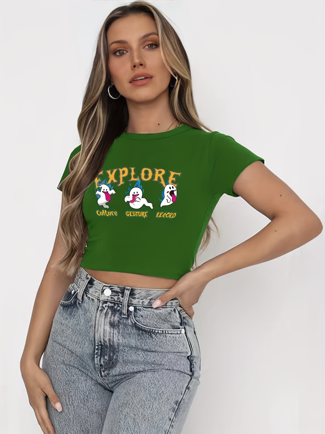 Y2k Graphic Print Cropped T shirt Casual Crew Neck Short - Temu