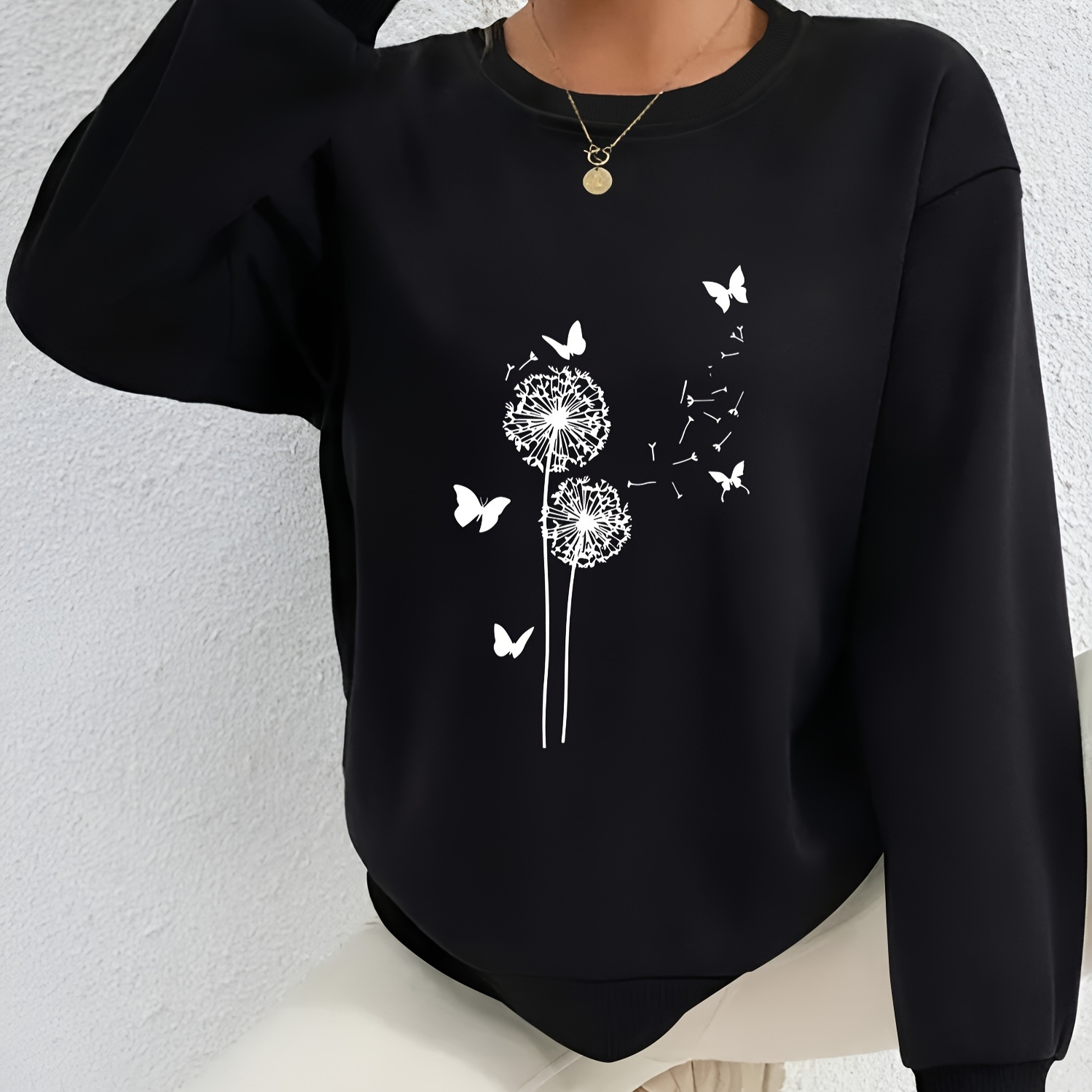 

Light 's Dandelion & Print Sweatshirt - Soft Polyester Long Sleeve Crewneck With White Ribbed Hem, Casual Loose Fit For Fall/winter, Cozy Sweatshirt | Motif Apparel | Smooth Texture Fabric