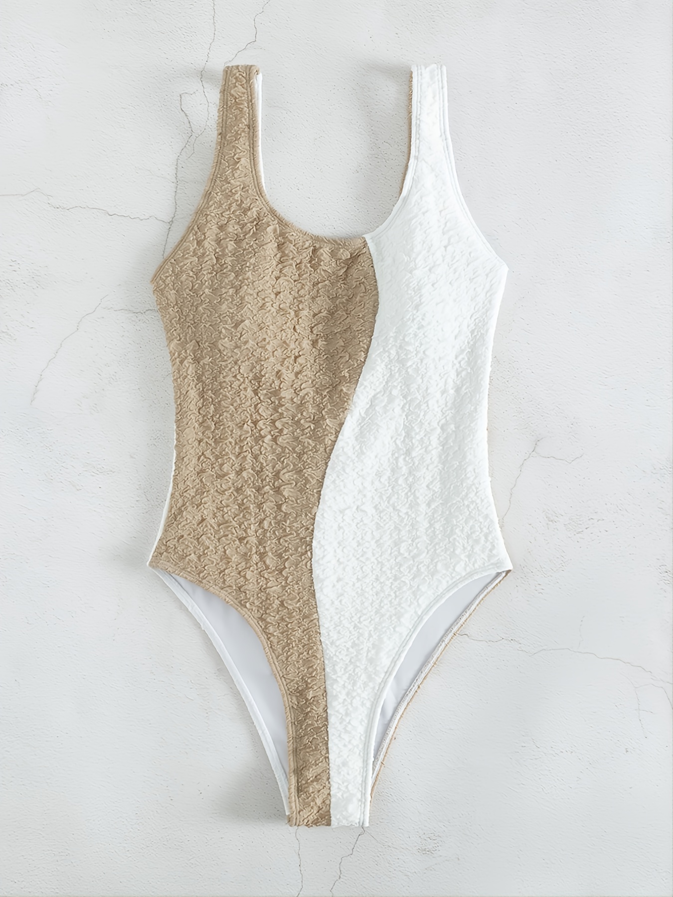 Texture Fabric White Scoop Neck One piece Swimsuit Golden - Temu