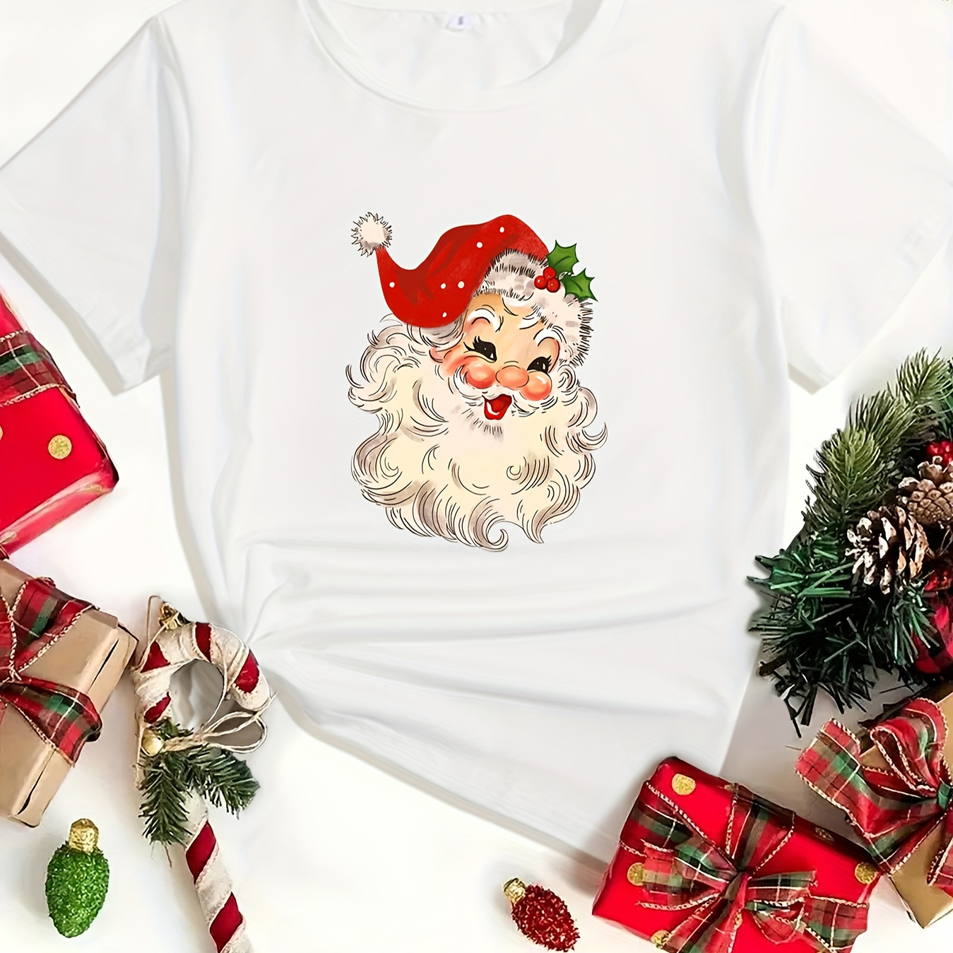 

Women's Christmas Santa Print T-shirt, Casual Polyester & Spandex Blend, Regular Fit, Short Sleeve, Round Neck, Summer Fashion Top