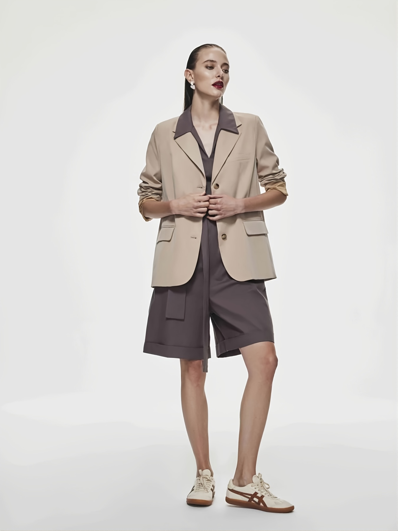 Women's 2 Piece Open Front Long Sleeve Blazer and Solid Short Pants Suit Sets