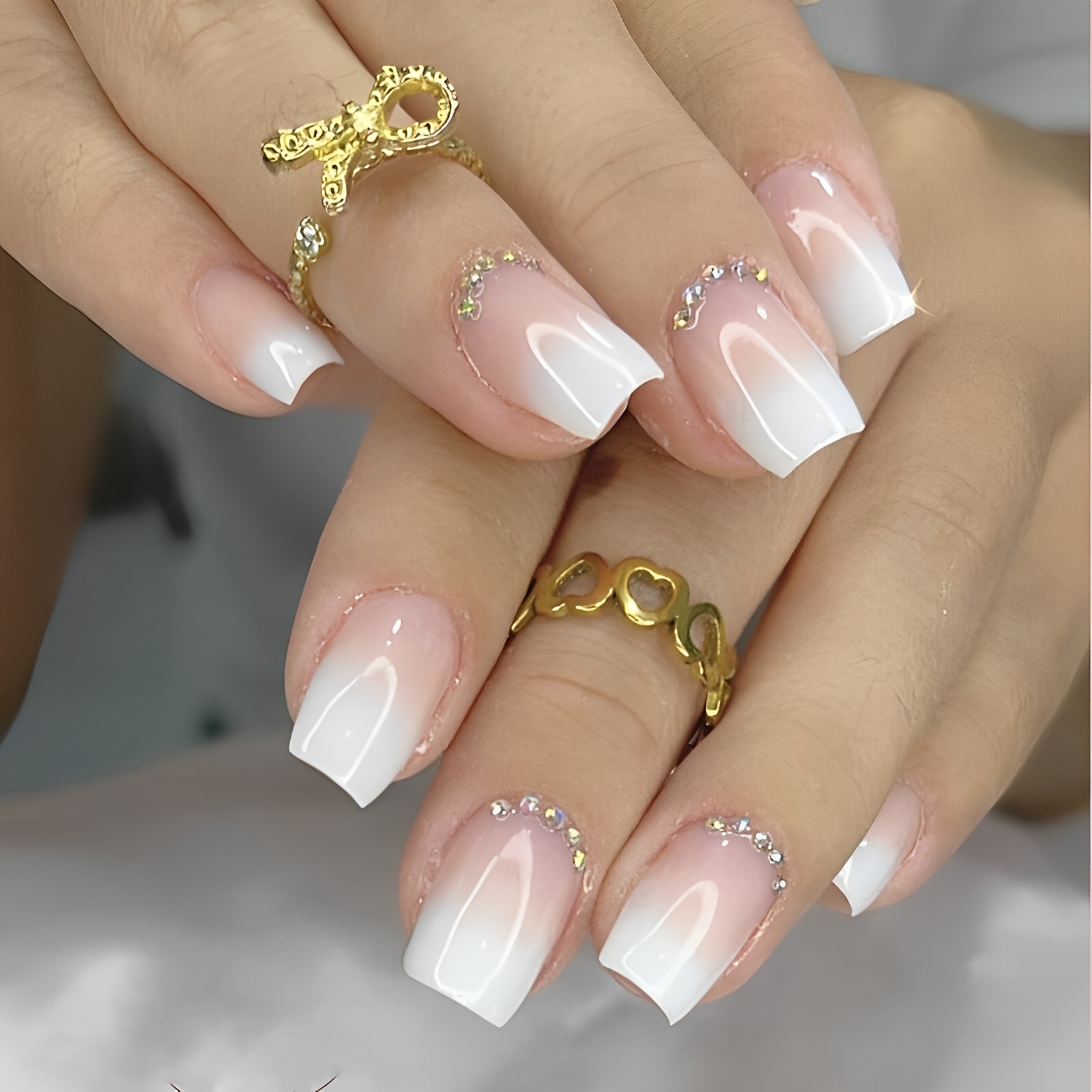 Enhance Your Fashion With A Set Of 24 Medium-length Square-shaped White Gradient French Tip False Nails With 3d Diamonds, Perfect For Women And