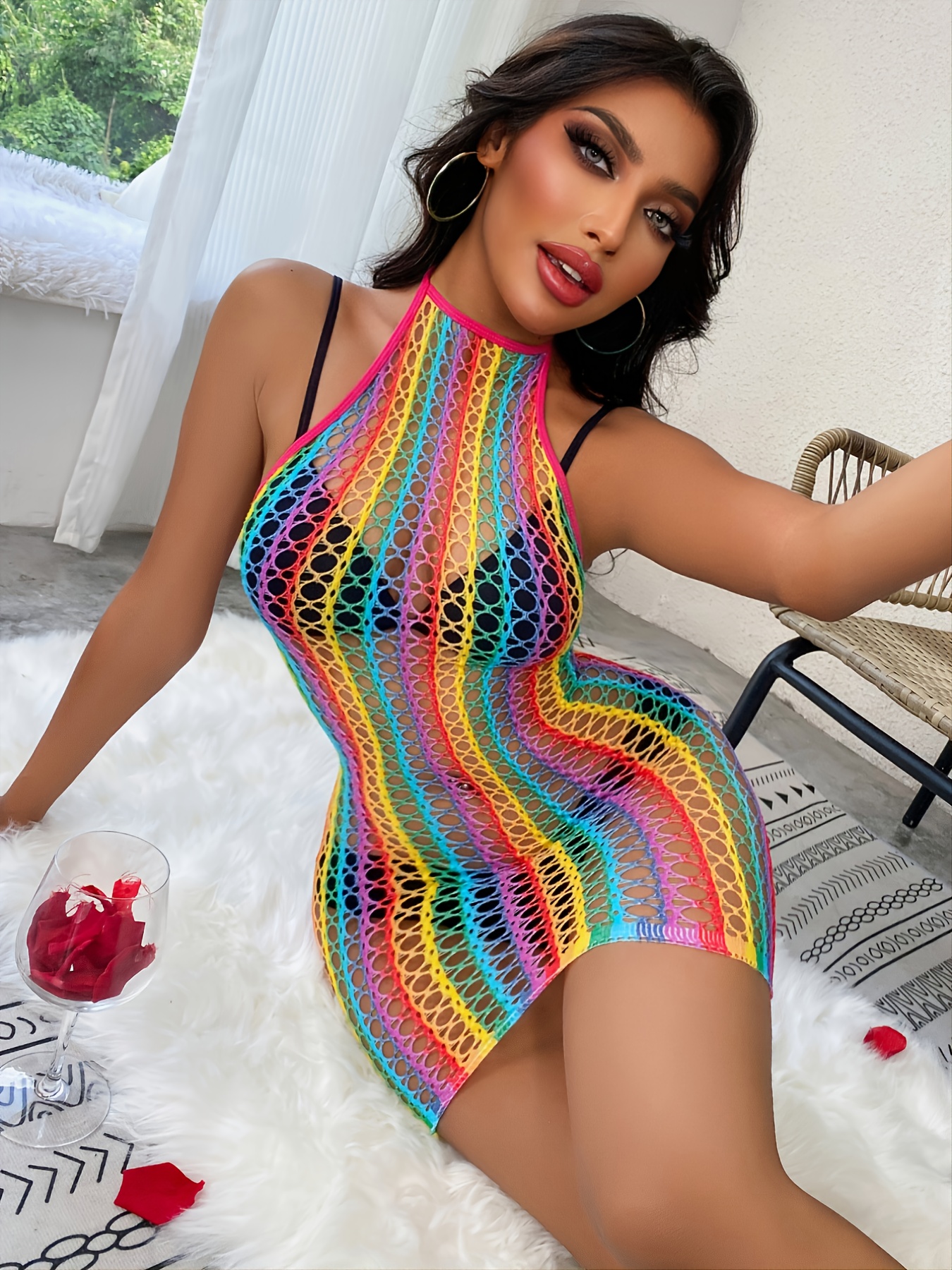 Women Rave Rainbow Striped Bikini See Through Mesh Bodysuit For