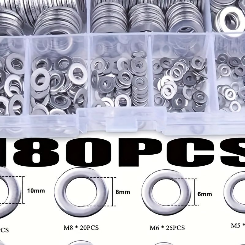 

80-580pcs 304 Stainless Steel Flat Washers For Screws Bolts, Fender Washers Assortment Set, Assorted Hardware Lock Metal Washers Kit (m2 M2.5 M3 M4 M5 M6 M8 M10) For Home, Factories
