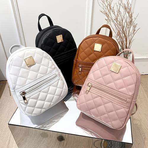 Classic Solid Color Check Pattern Backpack, Golden Zipper Backpack (7.87*6.7*3.4)inch