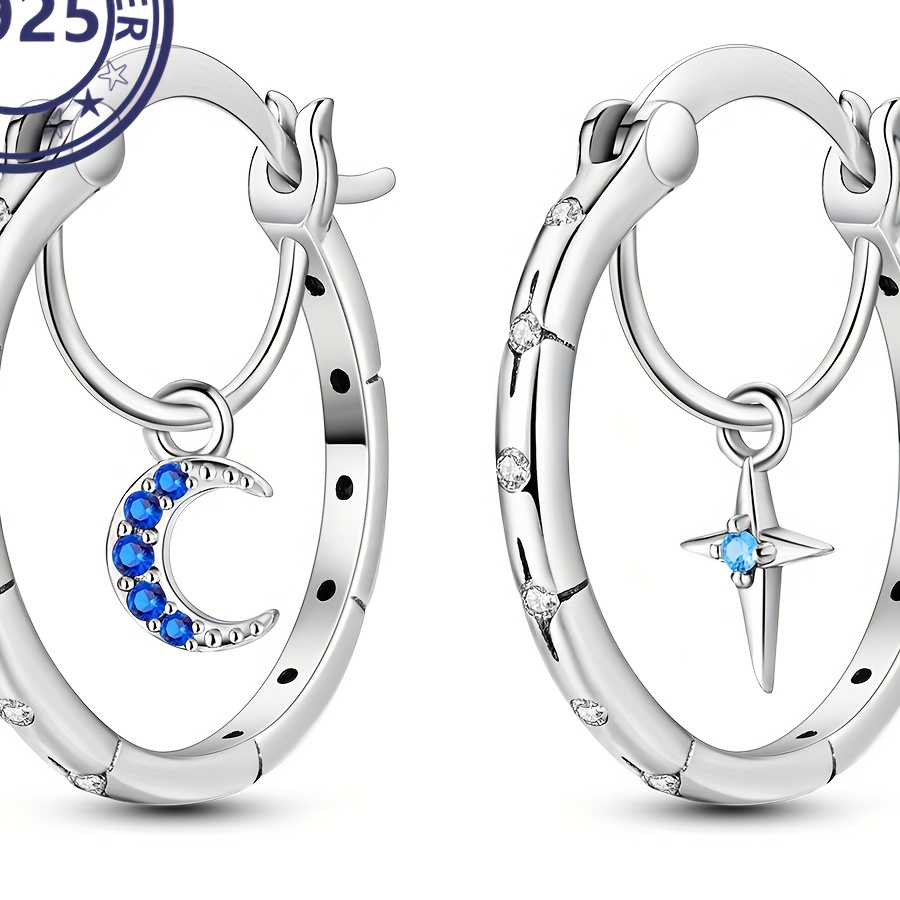 

1pair S925 Inside Asymmetrical Star Moon Earrings Mysterious Starry Sky Hypoallergenic Minimalist Fashionable Earrings For Women