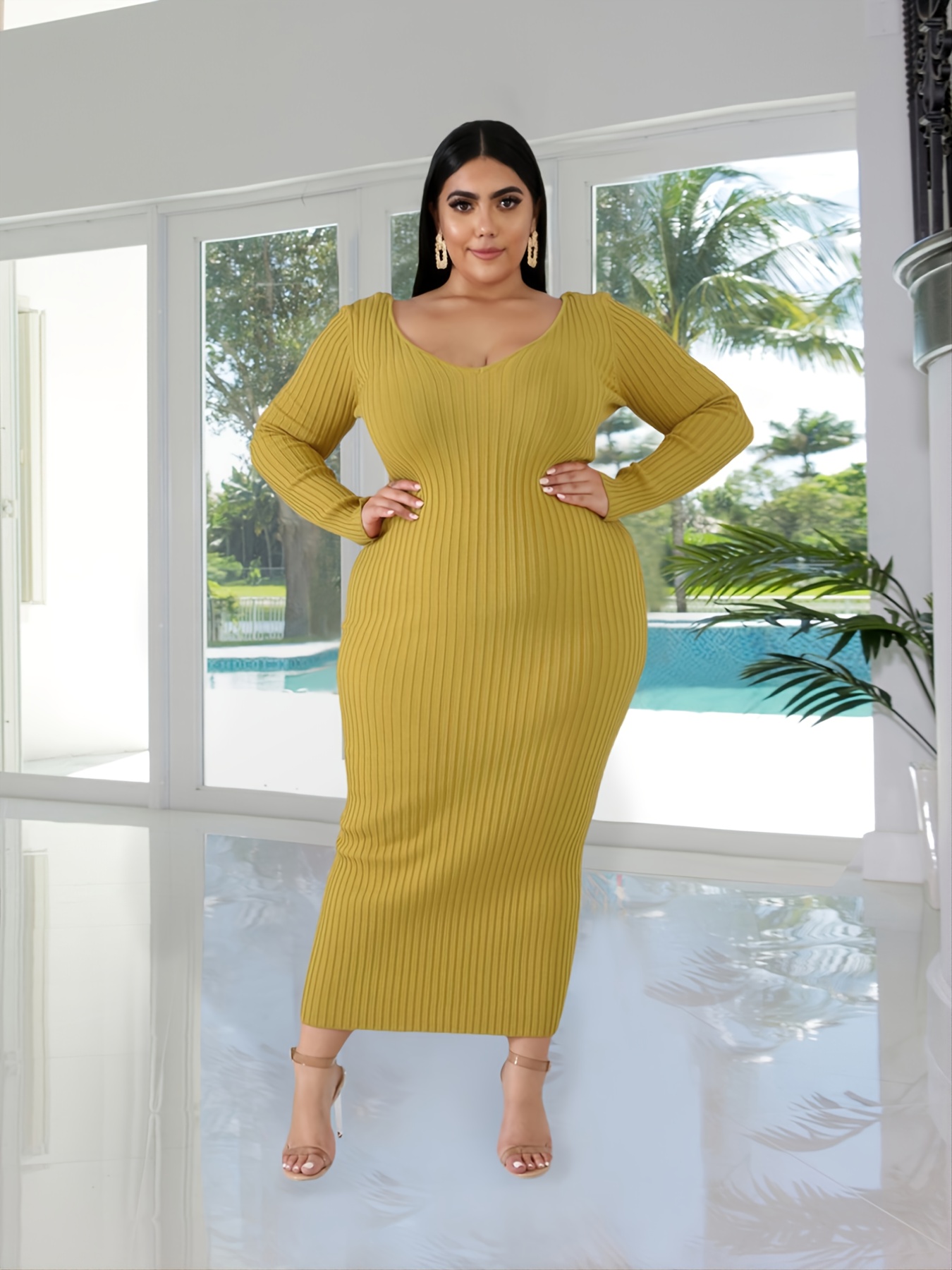Plus Size Rib Knit V Neck Soild Bodycon Dress Women's Plus Temu