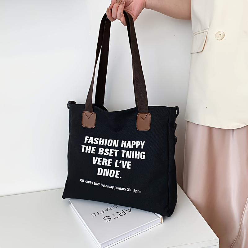 Simple Canvas Letter Print Zipper Tote Bag, Large Capacity Handbag - Temu