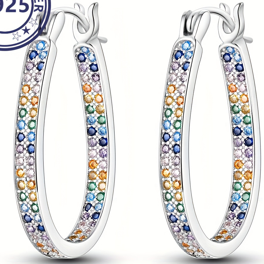 

S925 Sterling Silver Huggie Earrings With Multi-colored Zirconia Decor, Elegant Luxury Style Hypoallergenic Sparkling Jewelry Gifts For Women
