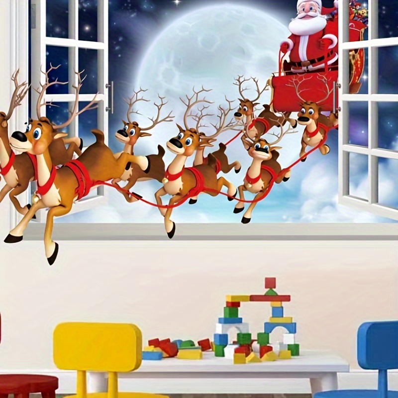 

3d Santa Claus Wall Decal, Christmas Wall Sticker, Removable Faux Window Design, Pvc Art Decor For Home, Kitchen, Holiday Wall Art