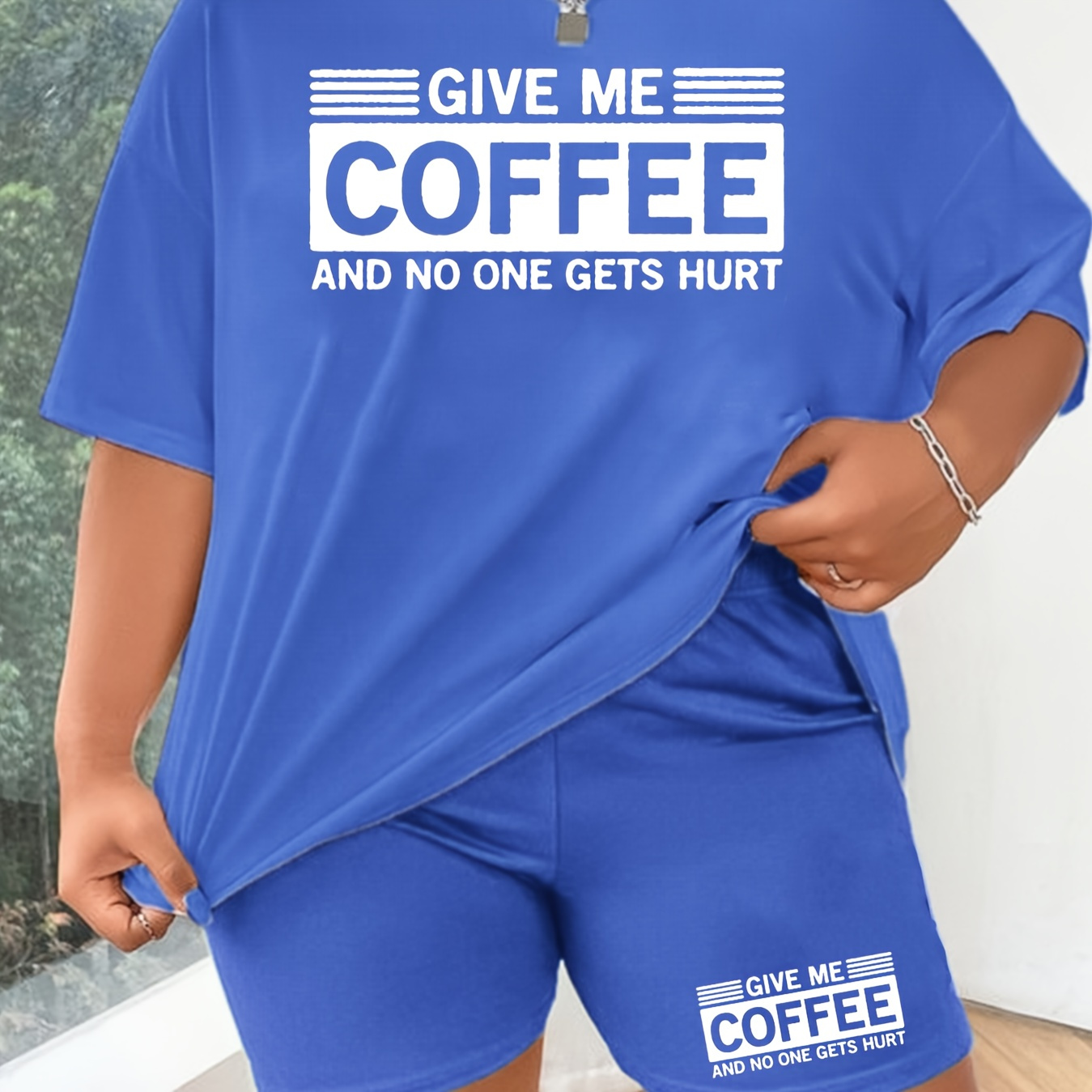 

2pcs Plus Size Letter Print Casual Sports Set, Round Neck Short Sleeves T-shirt & Shorts Sporty Suit, Women's Activewear
