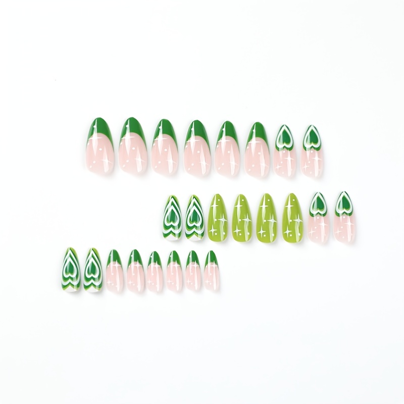 24pcs green press on nails medium almond fake nails with swirl heart and star design glossy full cover false nails for women and girls details 0