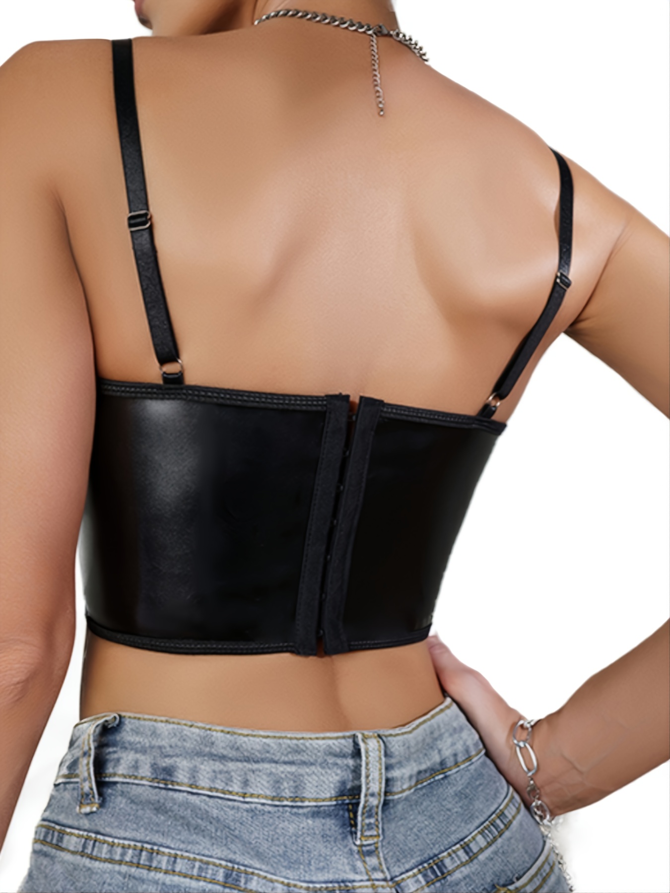  BEARUN Sexy Corset Tops for Women Adjustable Spaghetti Straps  PU Leather Bustier Crop Top Rave Outfit Party Club Night Black Small:  Clothing, Shoes & Jewelry